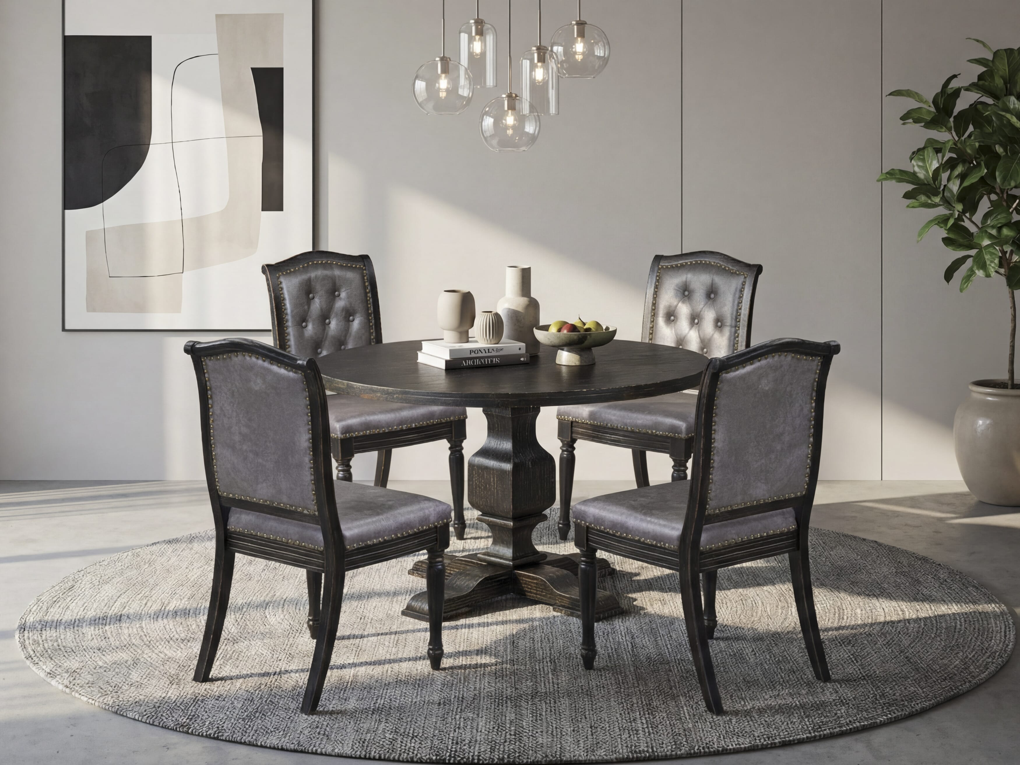 Luxe by East West Furniture - I3MA5-411-34 5-Piece Table Set Includes a Round Mid Century Modern Table and 4 Brown Textured Polyester Chairs with High Back, Sand Blasting Black Finish.