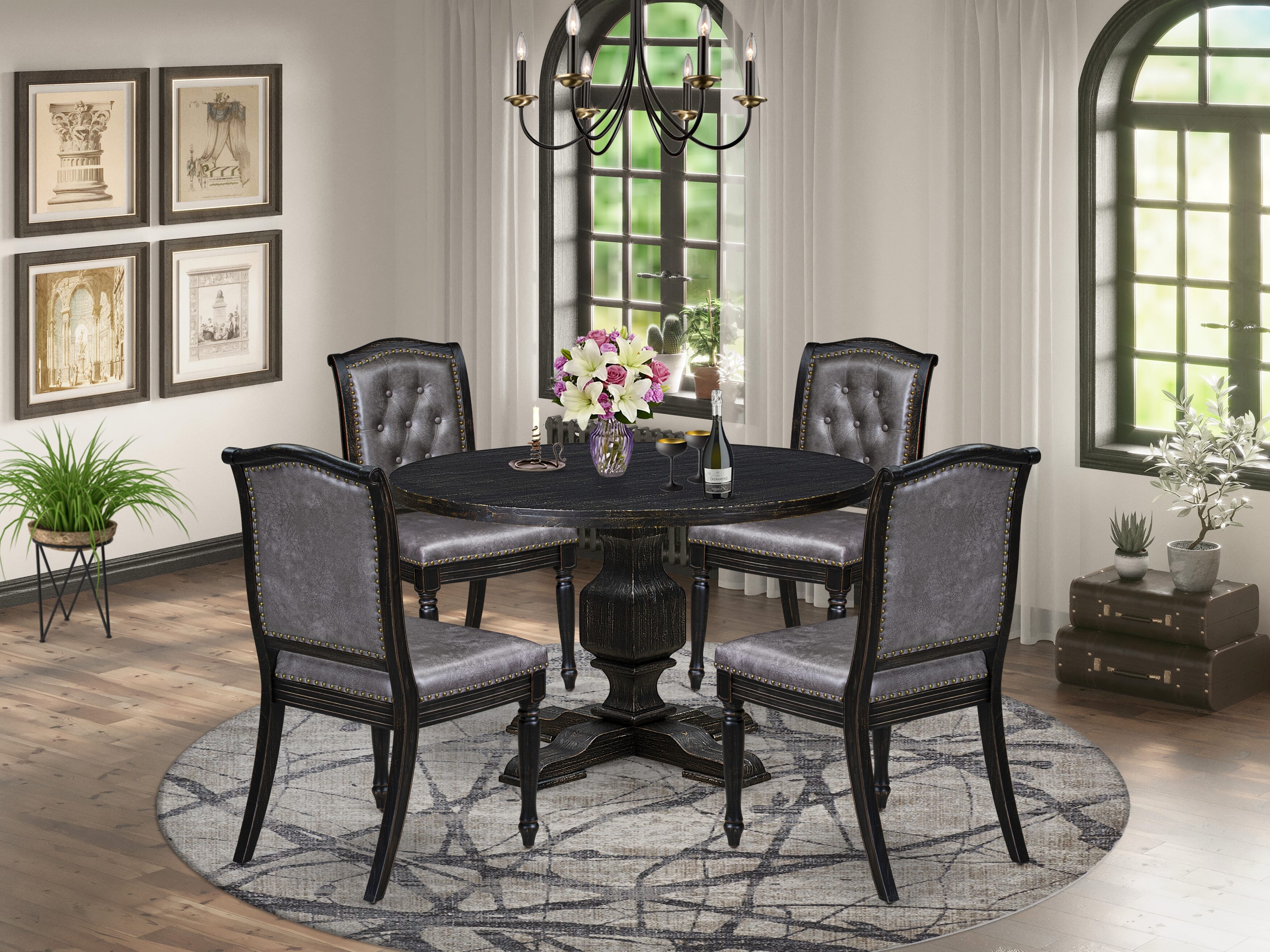 Luxe by East West Furniture - I3MA5-411-34 5-Piece Table Set Includes a Round Mid Century Modern Table and 4 Brown Textured Polyester Chairs with High Back, Sand Blasting Black Finish.