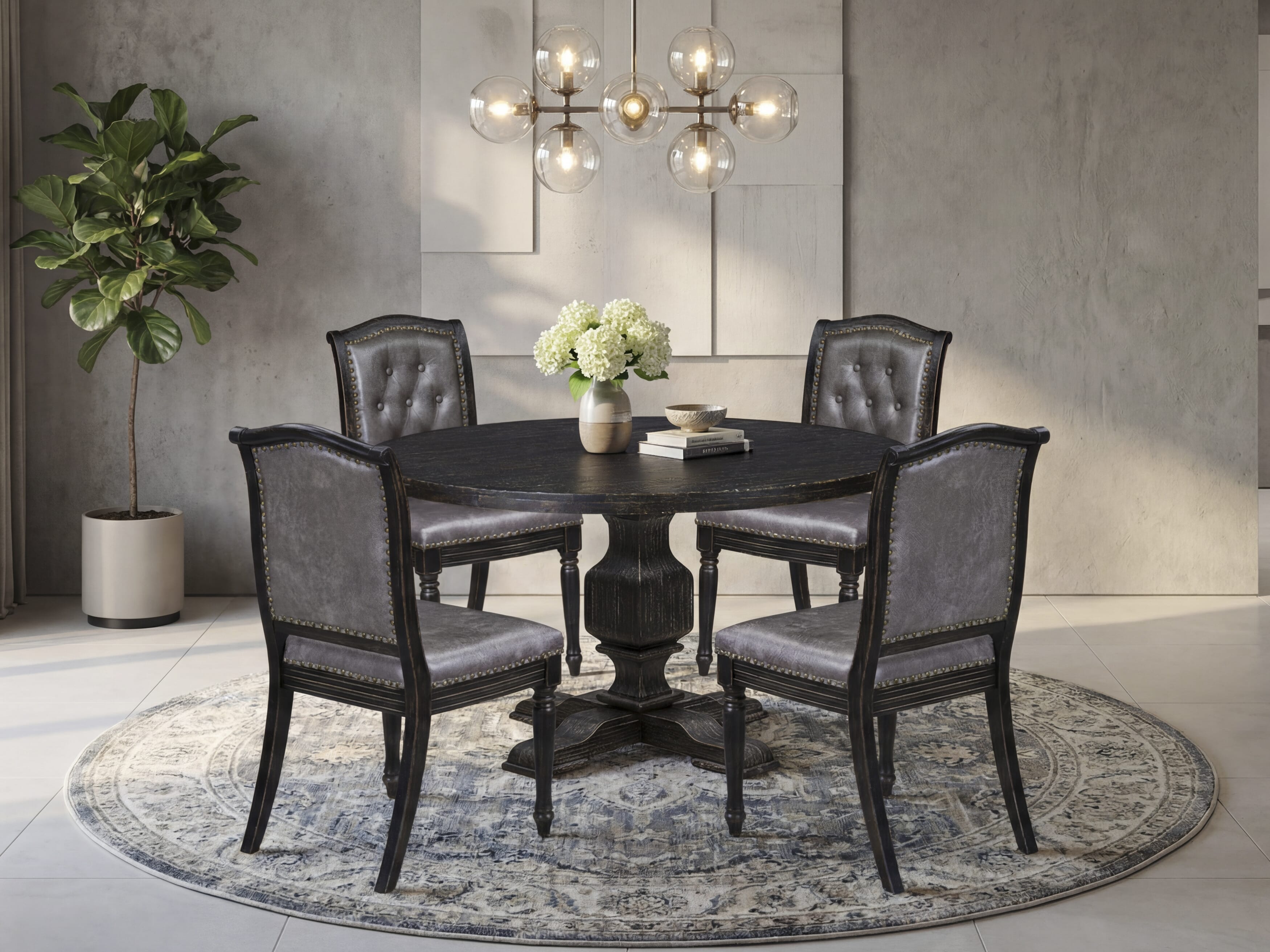 Luxe by East West Furniture - I3MA5-511-34 5-Piece Modern Dining Table Set Includes a Round Dinner Table and 4 Dark Gray Polyester Chairs with High Back, Sand Blasting Black Finish.