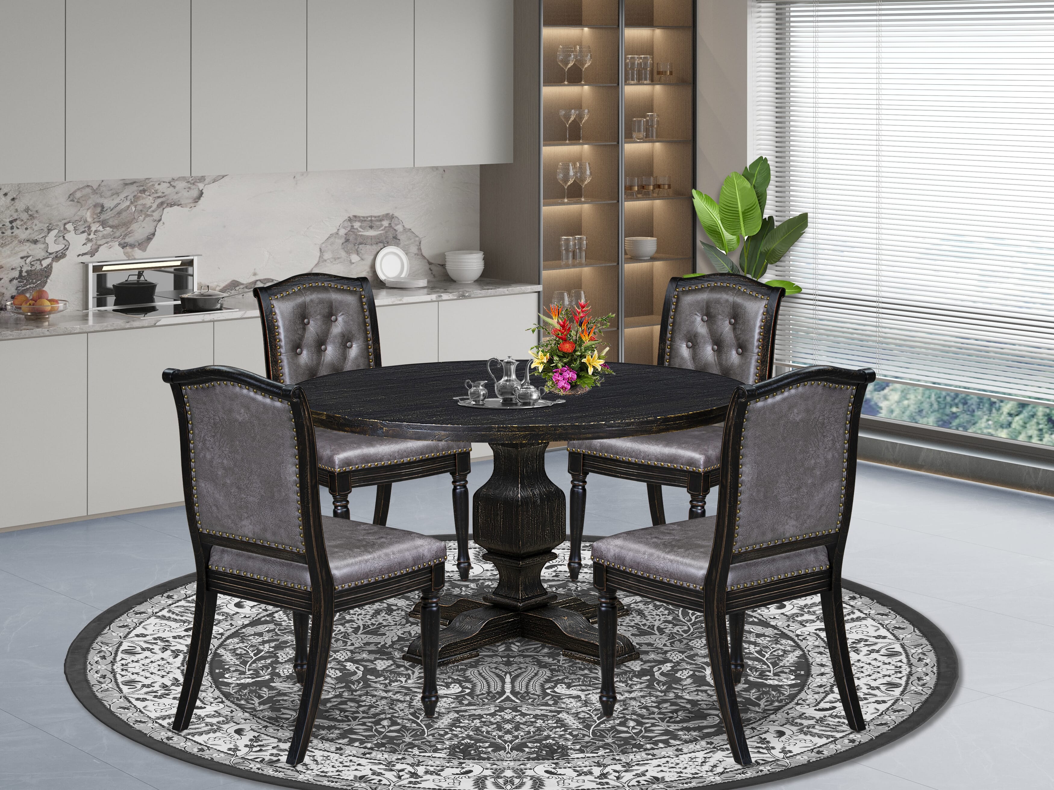 Luxe by East West Furniture - I3MA5-511-34 5-Piece Modern Dining Table Set Includes a Round Dinner Table and 4 Dark Gray Polyester Chairs with High Back, Sand Blasting Black Finish.