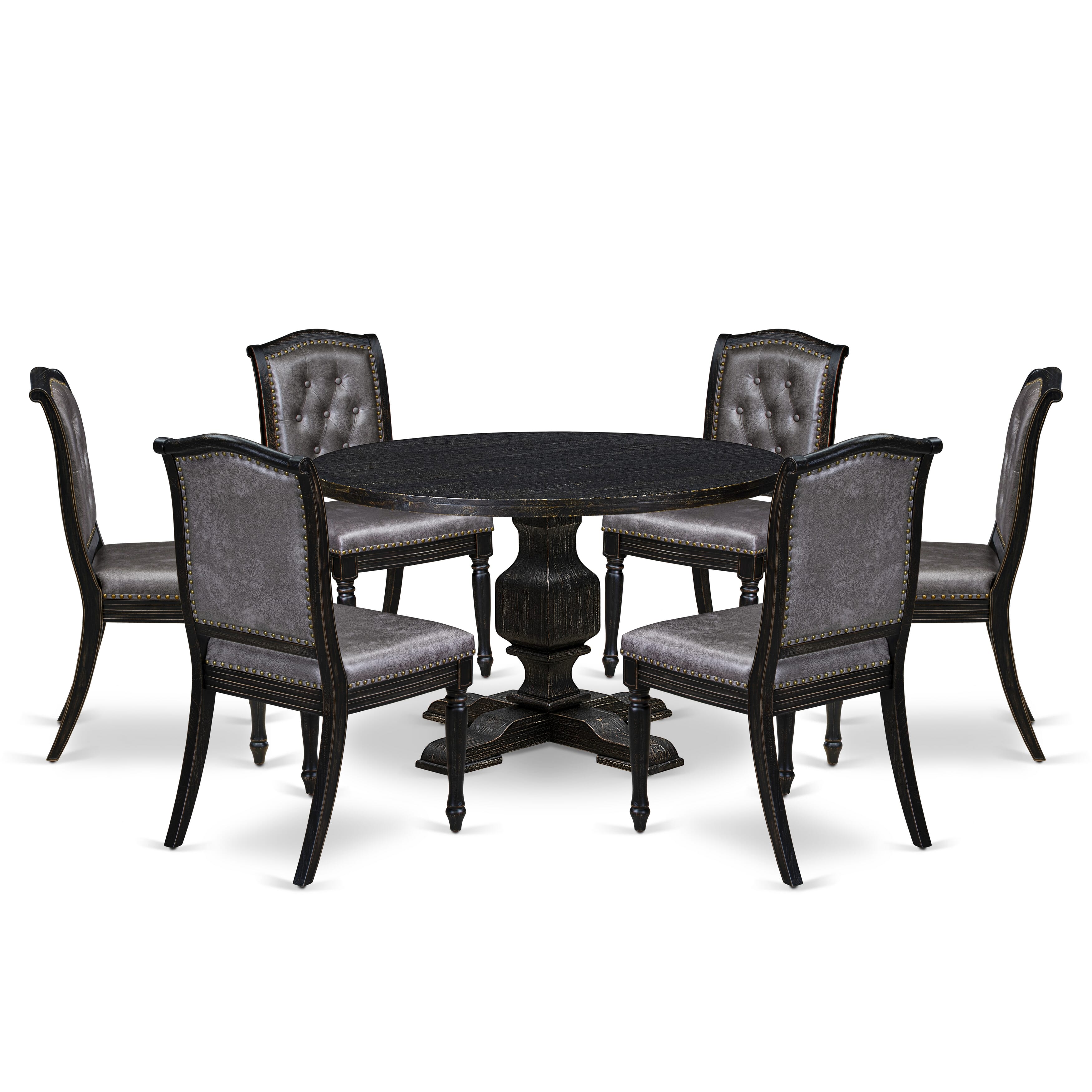 Luxe by East West Furniture - I3MA7-411-34 7-Piece Modern Dining Set Consists of a Round Dining Table and 6 Dark Gray Polyester Chairs with High Back, Sand Blasting Black Finish.