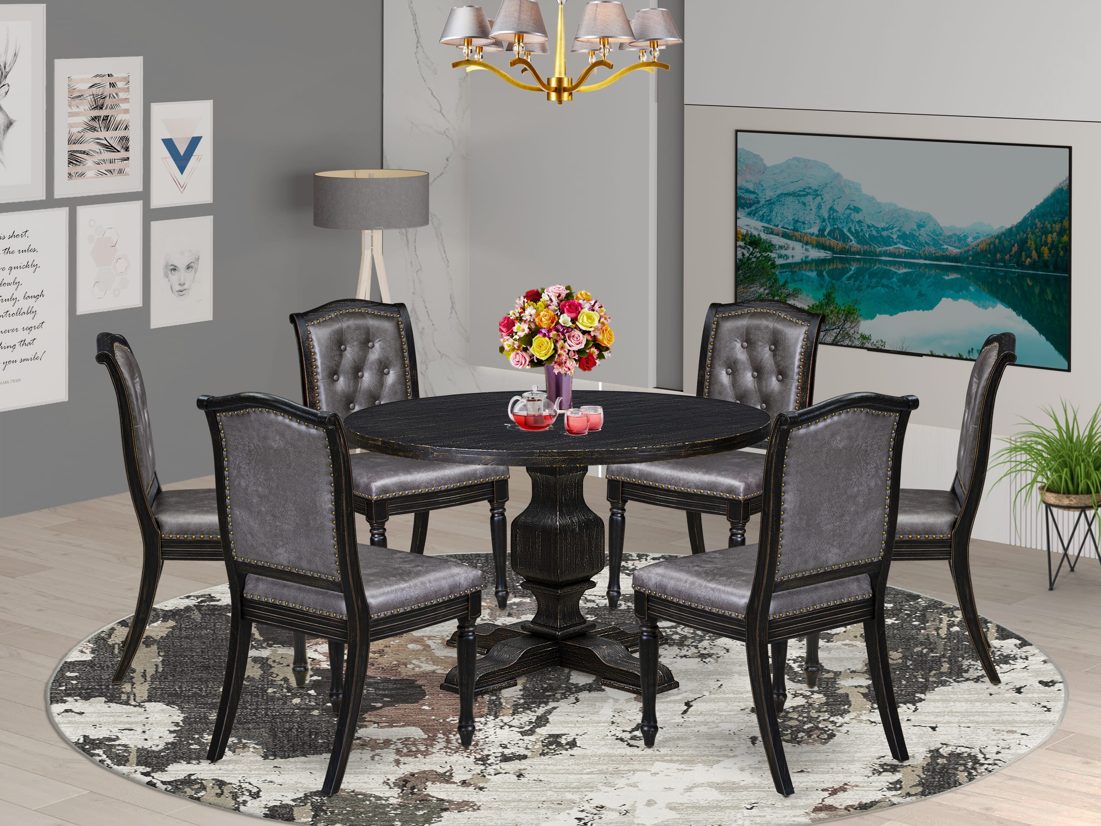 Luxe by East West Furniture - I3MA7-411-34 7-Piece Modern Dining Set Consists of a Round Dining Table and 6 Dark Gray Polyester Chairs with High Back, Sand Blasting Black Finish.
