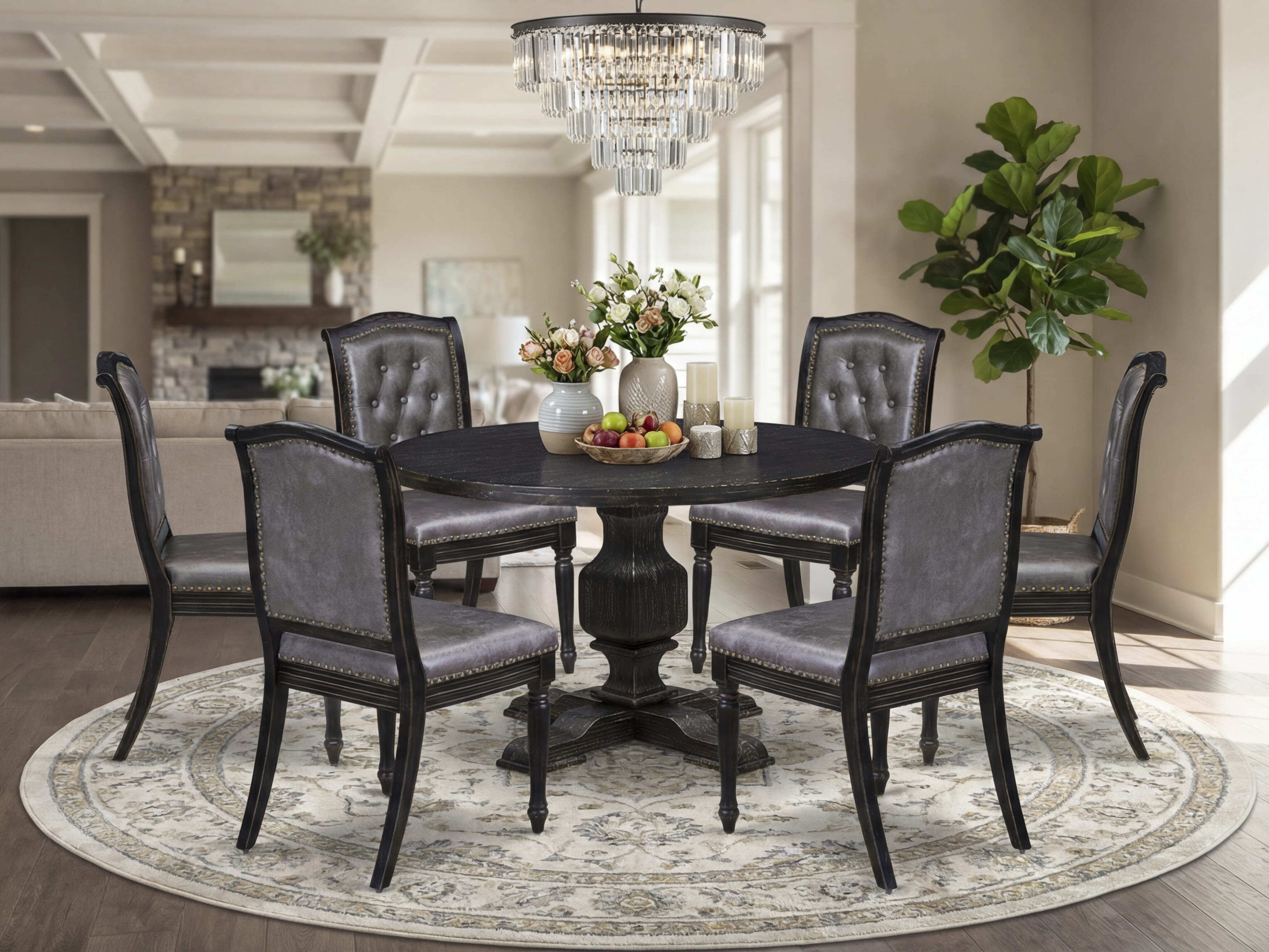 Luxe by East West Furniture - I3MA7-411-34 7-Piece Modern Dining Set Consists of a Round Dining Table and 6 Dark Gray Polyester Chairs with High Back, Sand Blasting Black Finish.