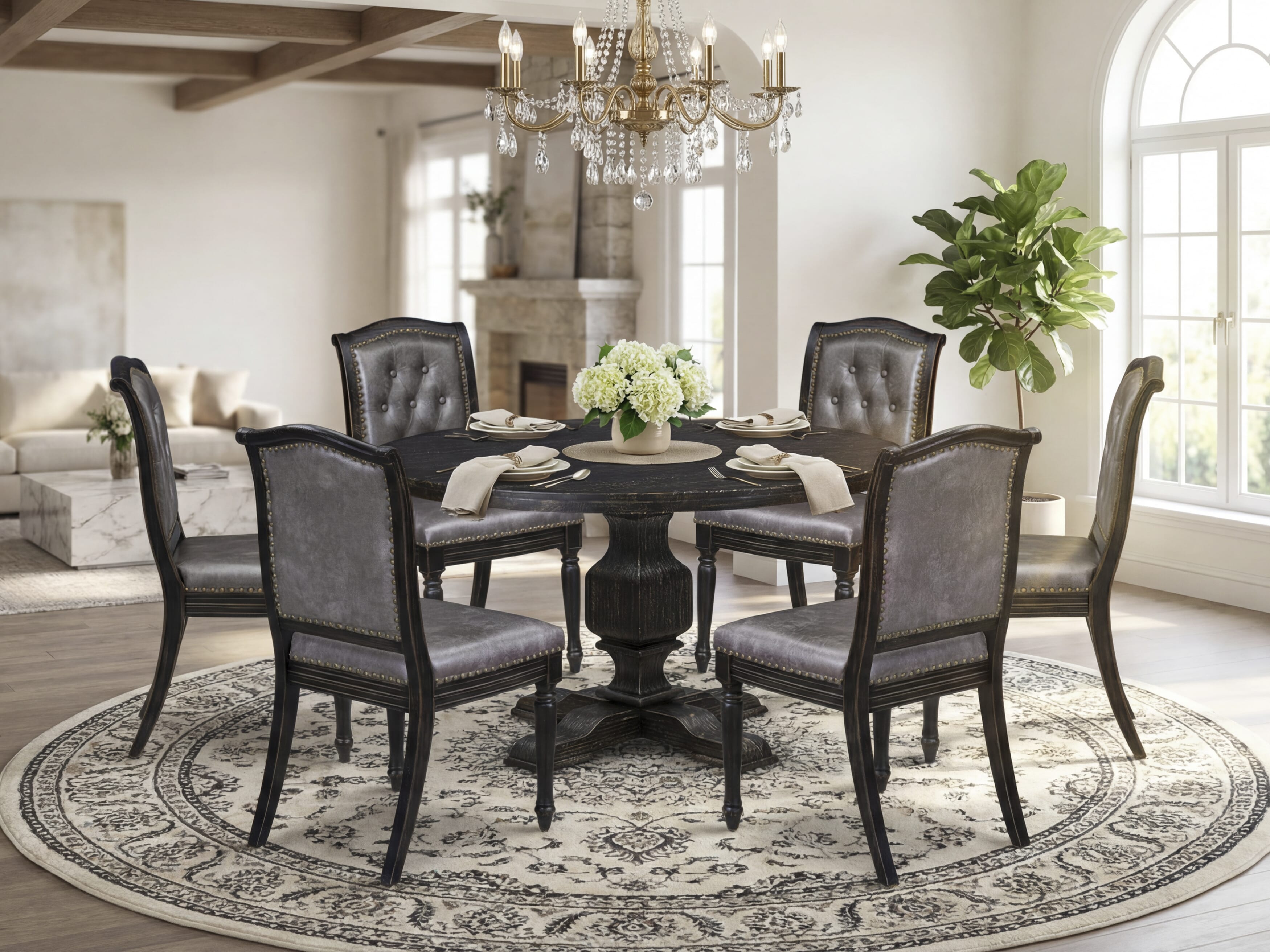 Luxe by East West Furniture - I3MA7-511-34 7-Piece Mid Century Dining Set Contains a Round Kitchen Table and 6 Dark Gray Polyester Chairs with High Back, Sand Blasting Black Finish.