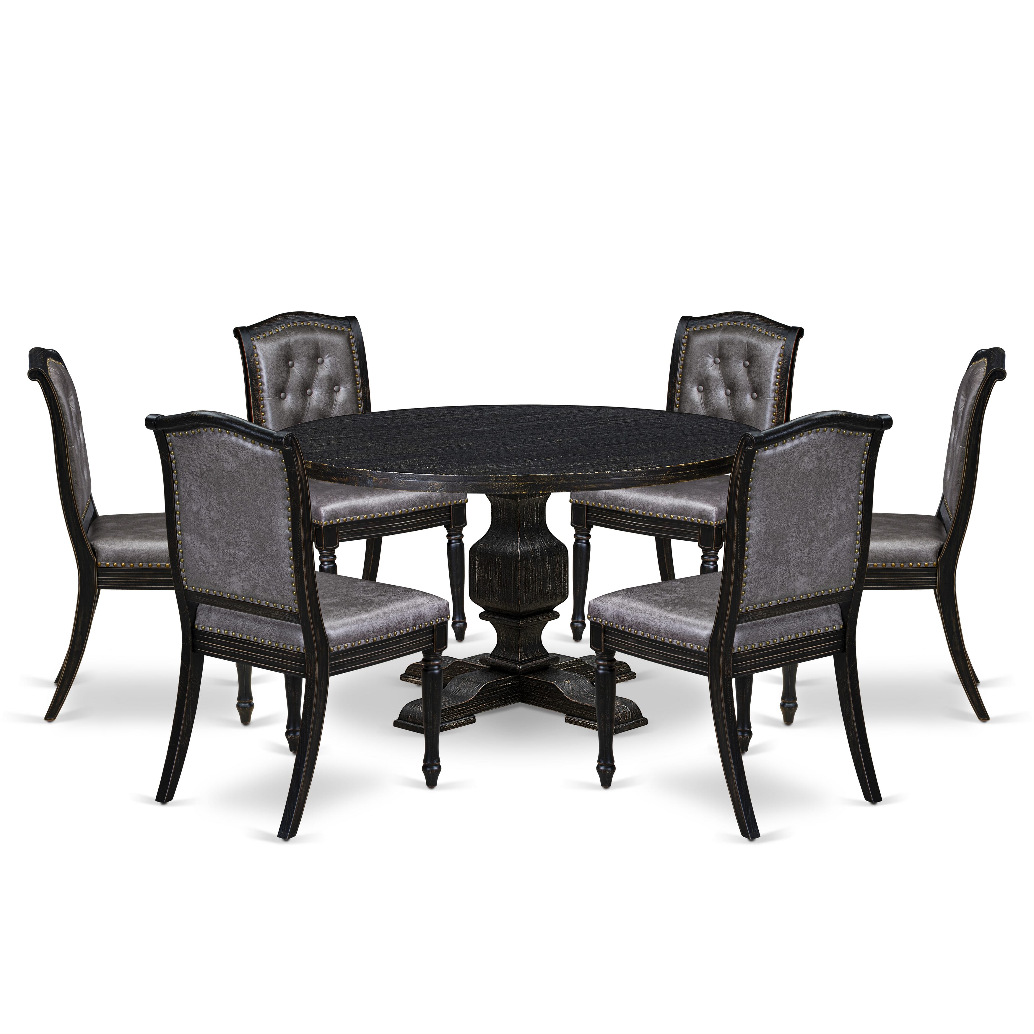 Luxe by East West Furniture - I3MA7-511-34 7-Piece Mid Century Dining Set Contains a Round Kitchen Table and 6 Dark Gray Polyester Chairs with High Back, Sand Blasting Black Finish.