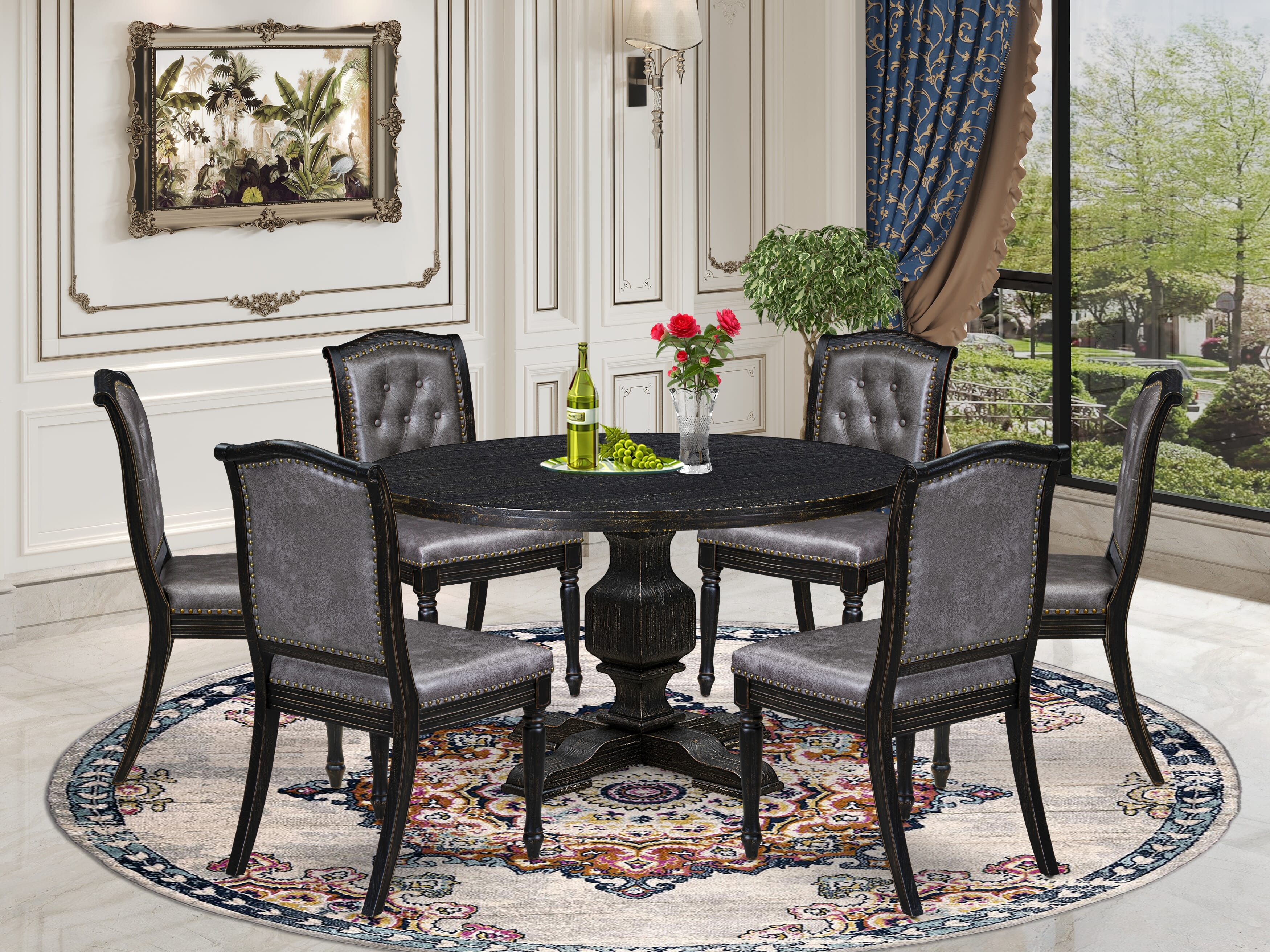 Luxe by East West Furniture - I3MA7-511-34 7-Piece Mid Century Dining Set Contains a Round Kitchen Table and 6 Dark Gray Polyester Chairs with High Back, Sand Blasting Black Finish.