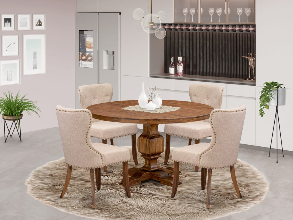Luxe by East West Furniture I3SI5-50N-04 5-Pc Kitchen Table Set consists of a Pedestal Table and 4 Light Tan Linen Fabric Dining Chairs with Button Tufted- Antique Walnut