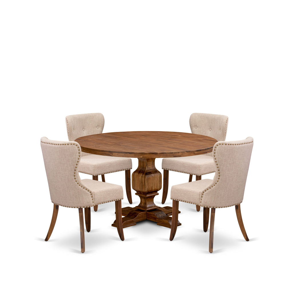 Luxe by East West Furniture I3SI5-50N-04 5-Pc Kitchen Table Set consists of a Pedestal Table and 4 Light Tan Linen Fabric Dining Chairs with Button Tufted- Antique Walnut