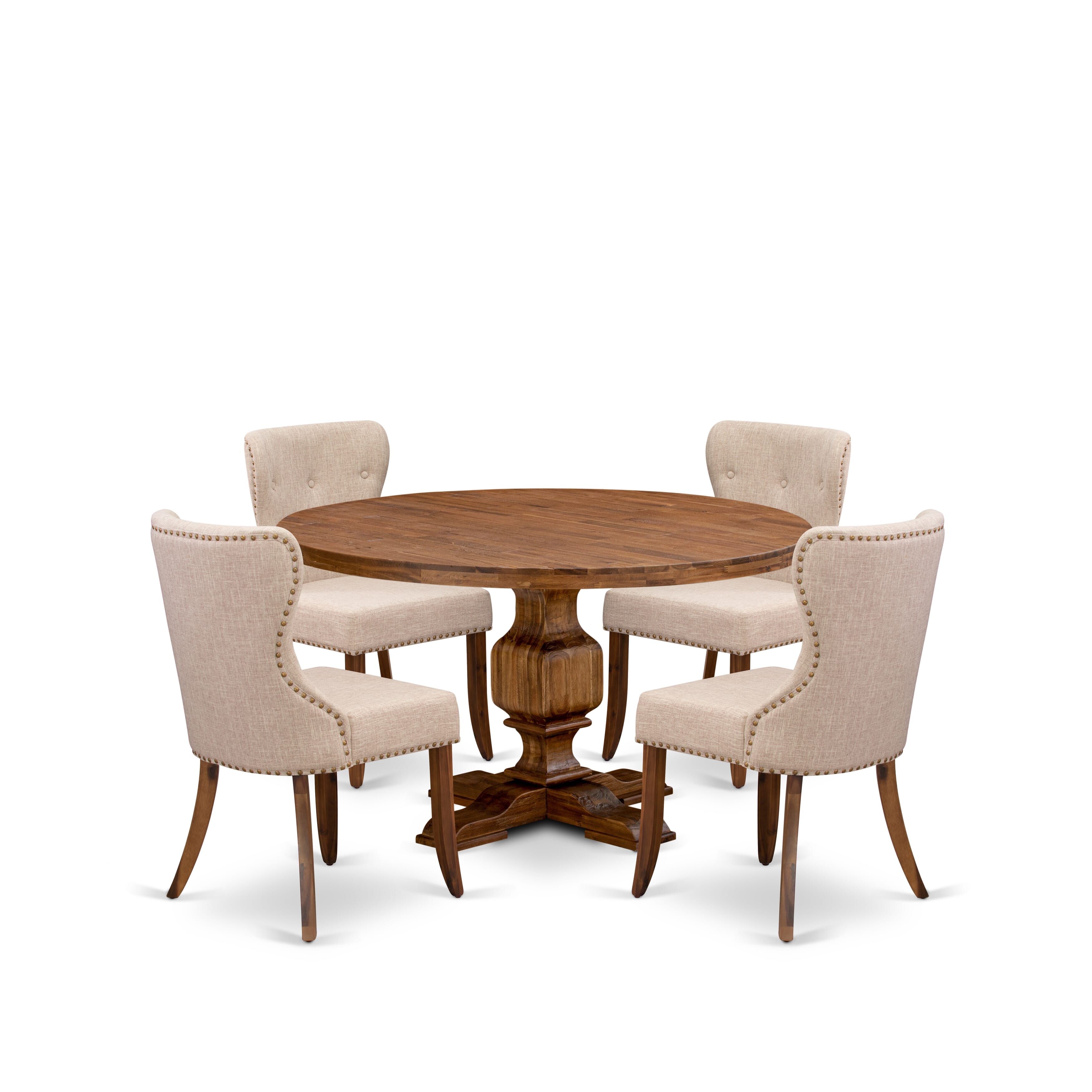Luxe by East West Furniture I3SI5-50N-04 5-Pc Kitchen Table Set consists of a Pedestal Table and 4 Light Tan Linen Fabric Dining Chairs with Button Tufted- Antique Walnut