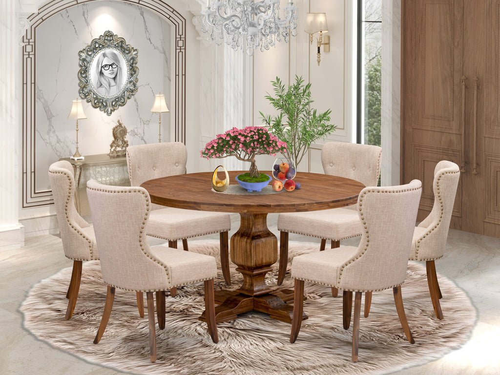 Luxe by East West Furniture I3SI7-50N-04 7-Pc Wooden Dining Set Includes a Pedestal Dinner Table and 6 Light Tan Linen Fabric Chairs with Button Tufted- Antique Walnut