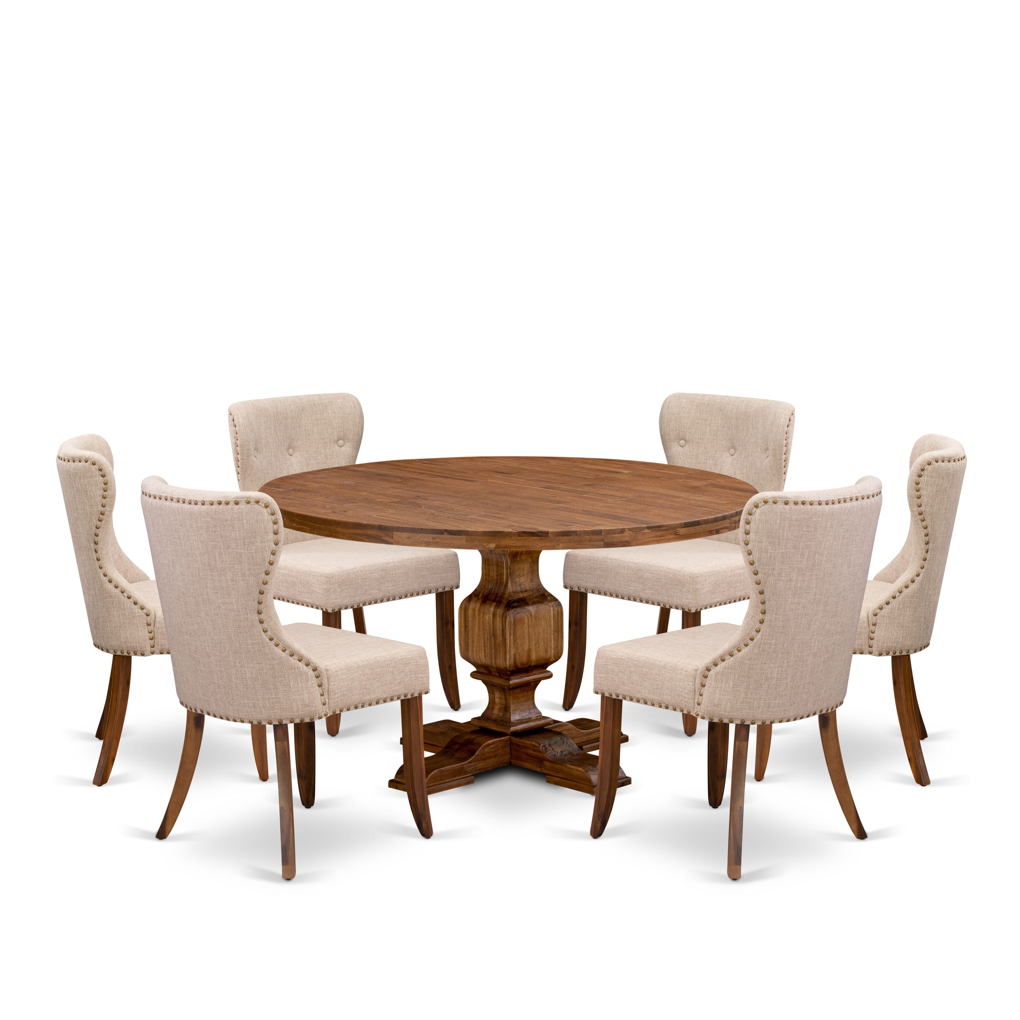 Luxe by East West Furniture I3SI7-50N-04 7-Pc Wooden Dining Set Includes a Pedestal Dinner Table and 6 Light Tan Linen Fabric Chairs with Button Tufted- Antique Walnut