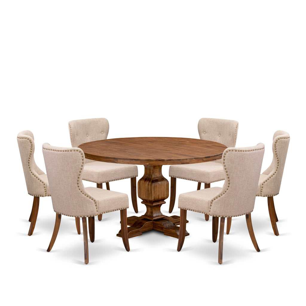 Luxe by East West Furniture I3SI7-50N-04 7-Pc Wooden Dining Set Includes a Pedestal Dinner Table and 6 Light Tan Linen Fabric Chairs with Button Tufted- Antique Walnut