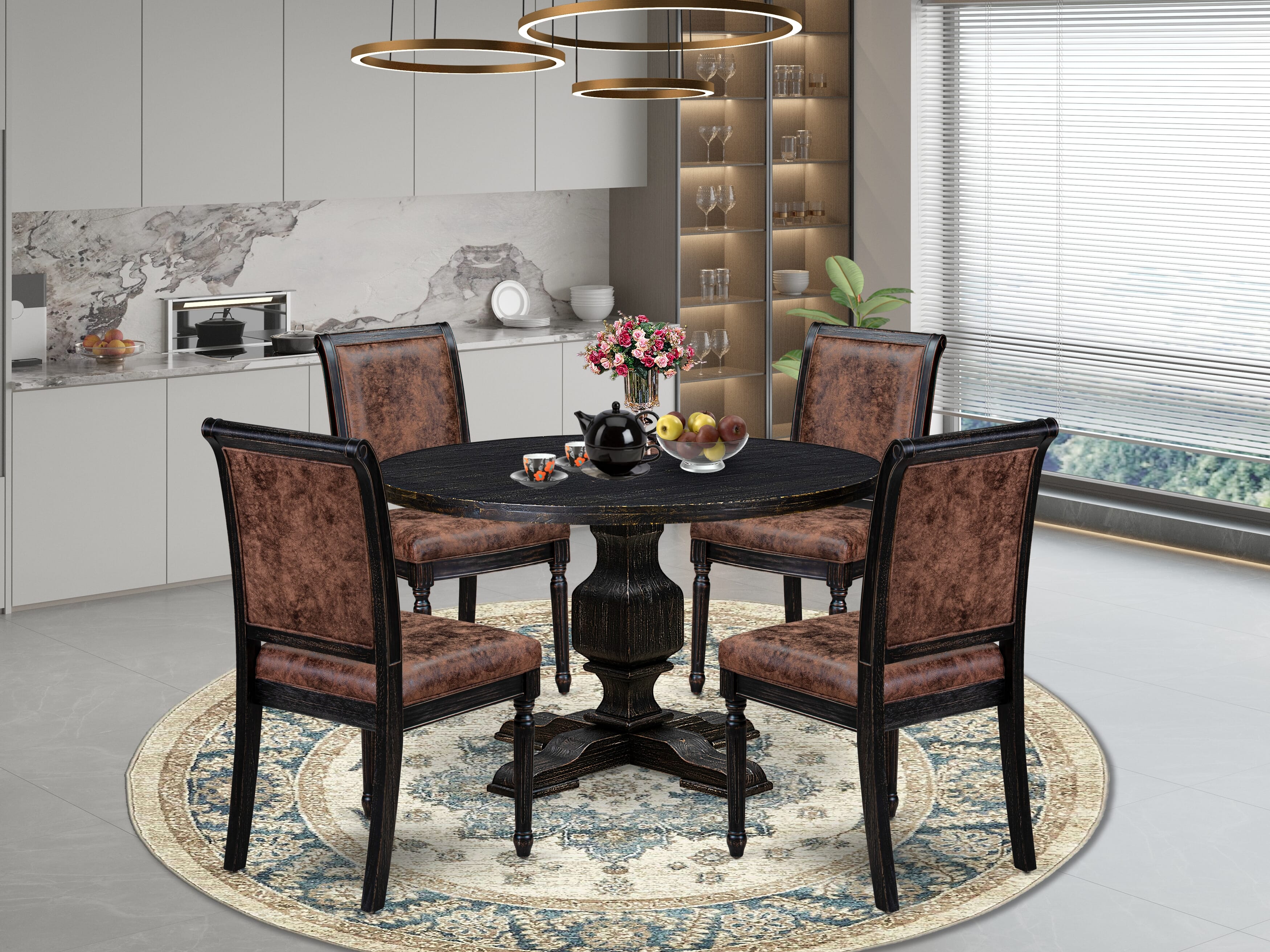 Luxe by East West Furniture - I3TY5-411-33 5-Piece Mid Century Modern Dining Set Includes a Round Dining Room Table and 4 Dark Gray Polyester Chairs with High Back, Sand Blasting Black Finish.