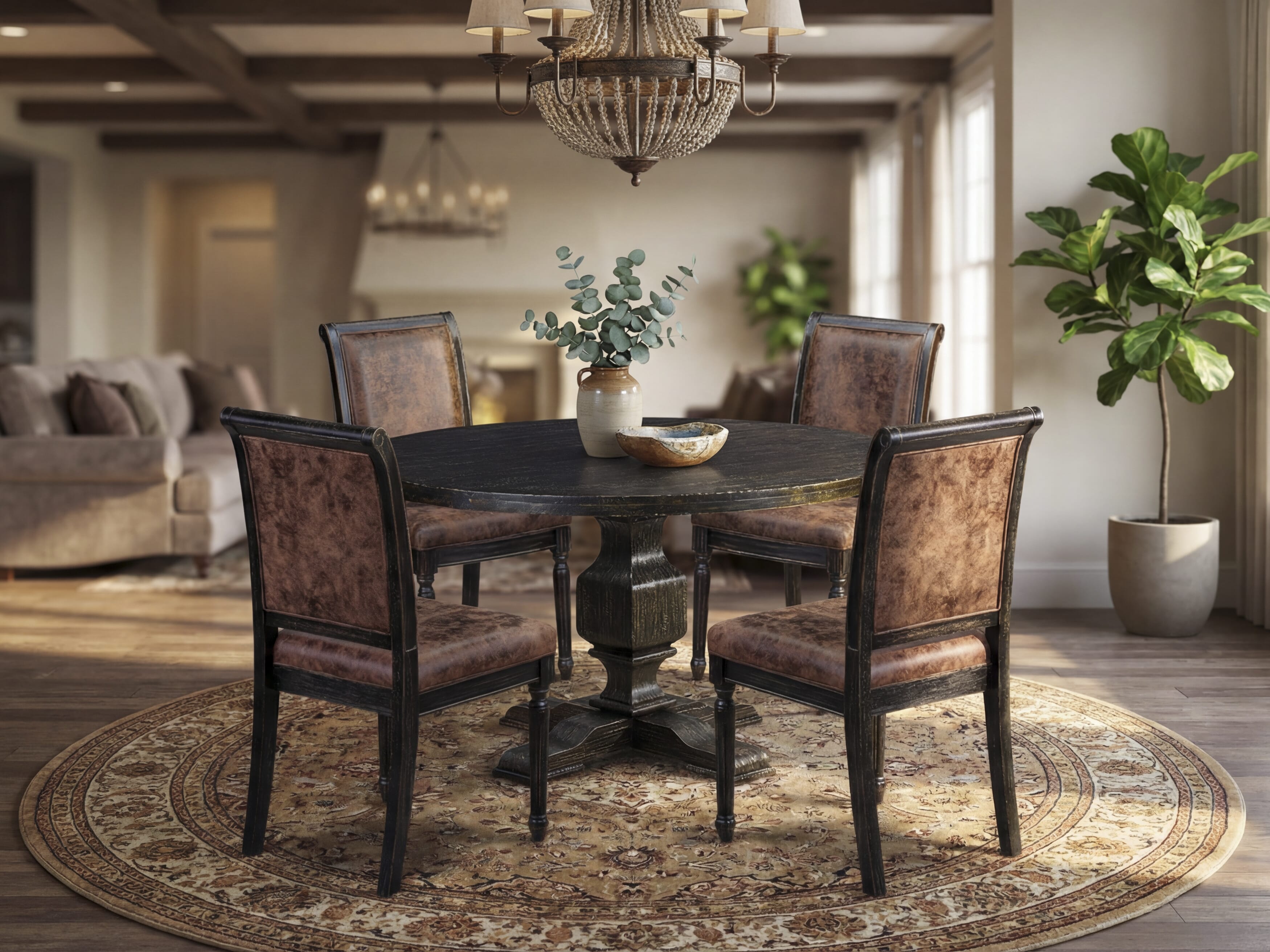 Luxe by East West Furniture - I3TY5-511-33 5-Piece Kitchen Dining Table Set Consists of a Round Dining Table and 4 Brown Textured Polyester Chairs with High Back, Sand Blasting Black Finish.