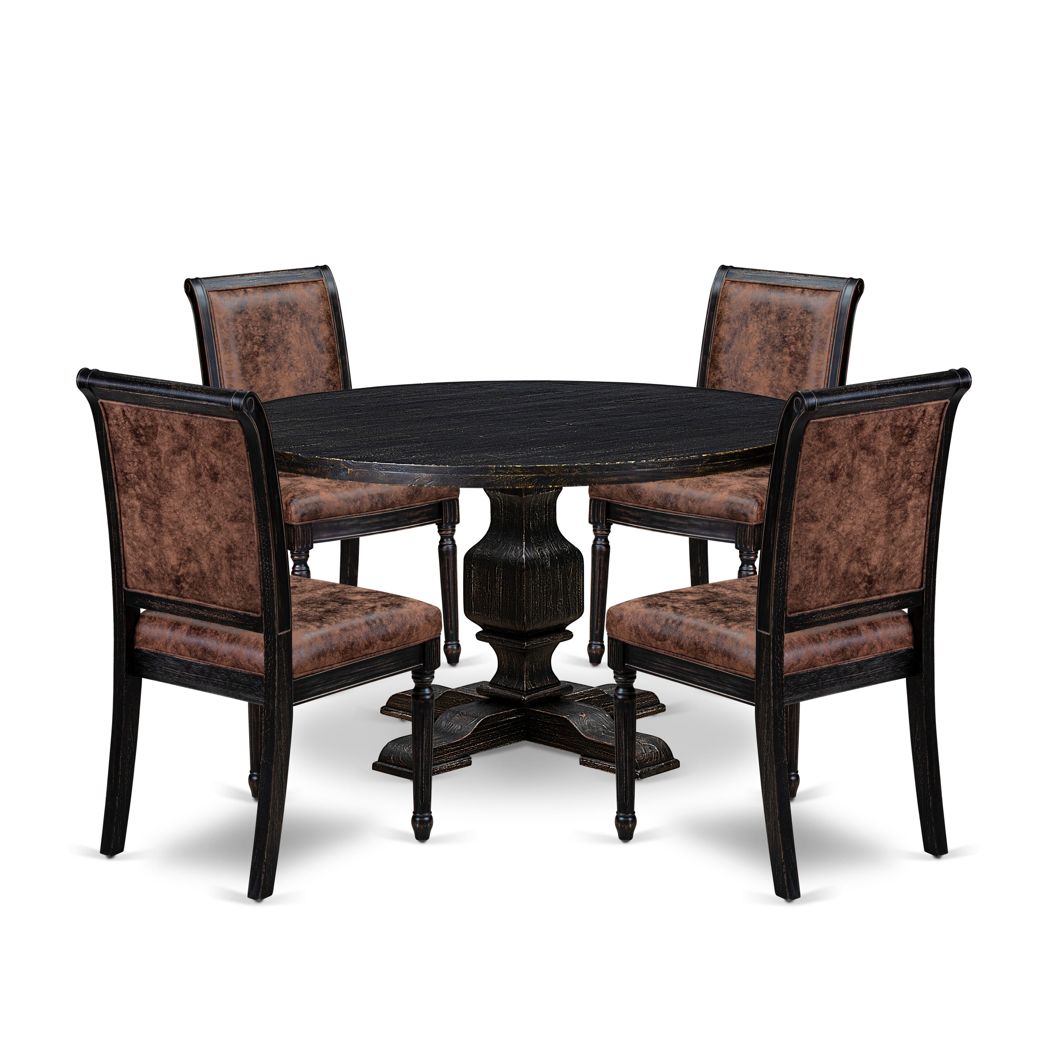 Luxe by East West Furniture - I3TY5-511-33 5-Piece Kitchen Dining Table Set Consists of a Round Dining Table and 4 Brown Textured Polyester Chairs with High Back, Sand Blasting Black Finish.