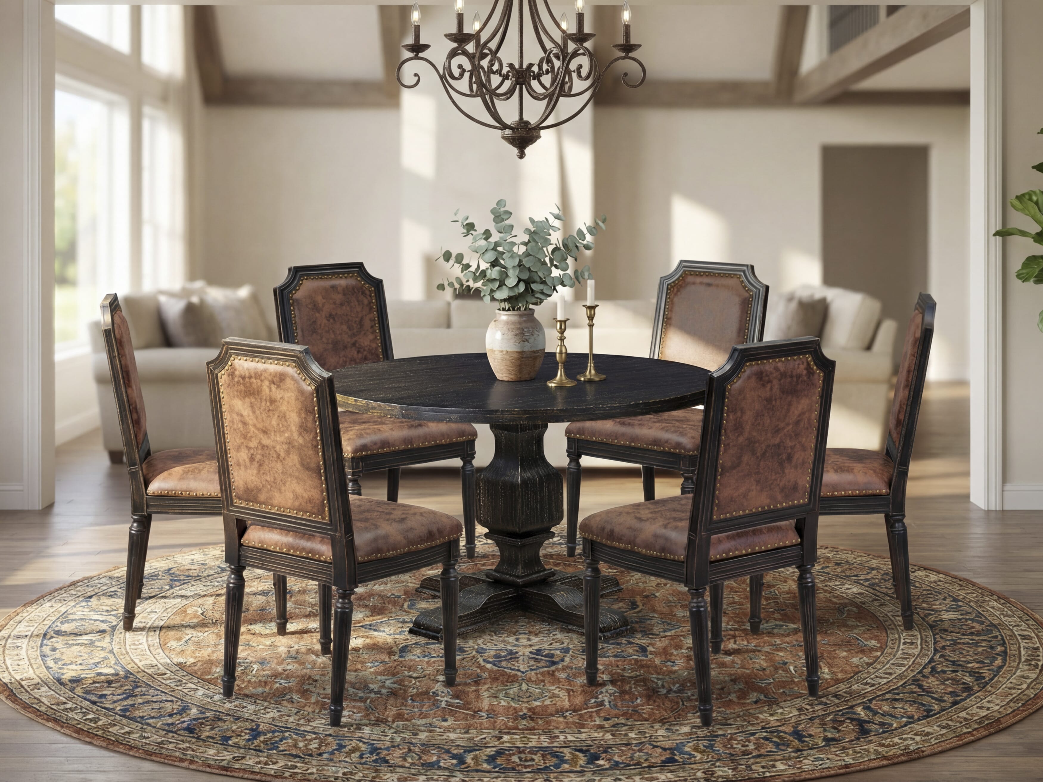 Luxe by East West Furniture - I3TY7-411-33 7-Piece Mid Century Modern Dining Table Set Contains a Round Dinner Table and 6 Brown Textured Polyester Chairs with High Back, Sand Blasting Black Finish.