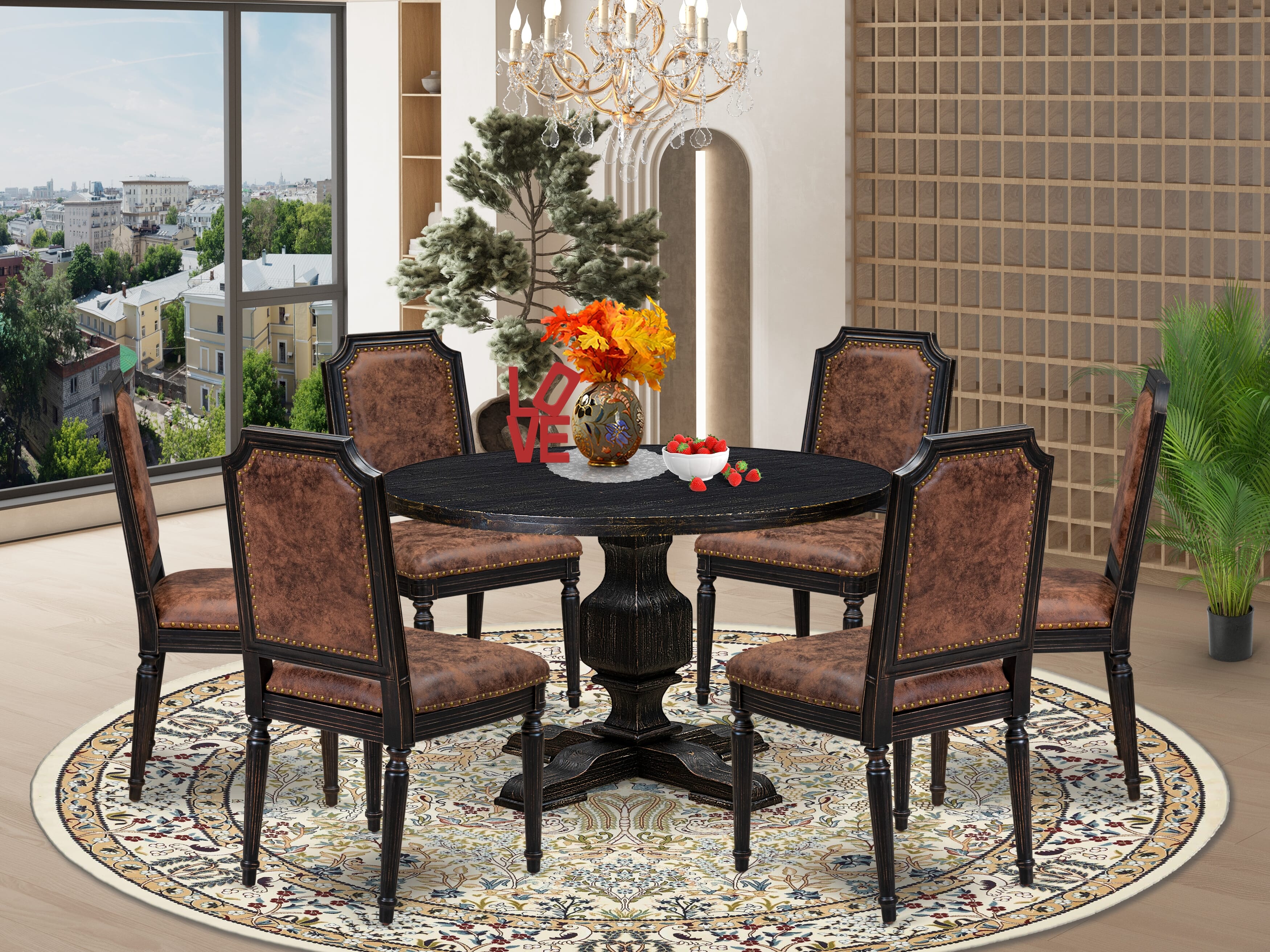 Luxe by East West Furniture - I3TY7-411-33 7-Piece Mid Century Modern Dining Table Set Contains a Round Dinner Table and 6 Brown Textured Polyester Chairs with High Back, Sand Blasting Black Finish.
