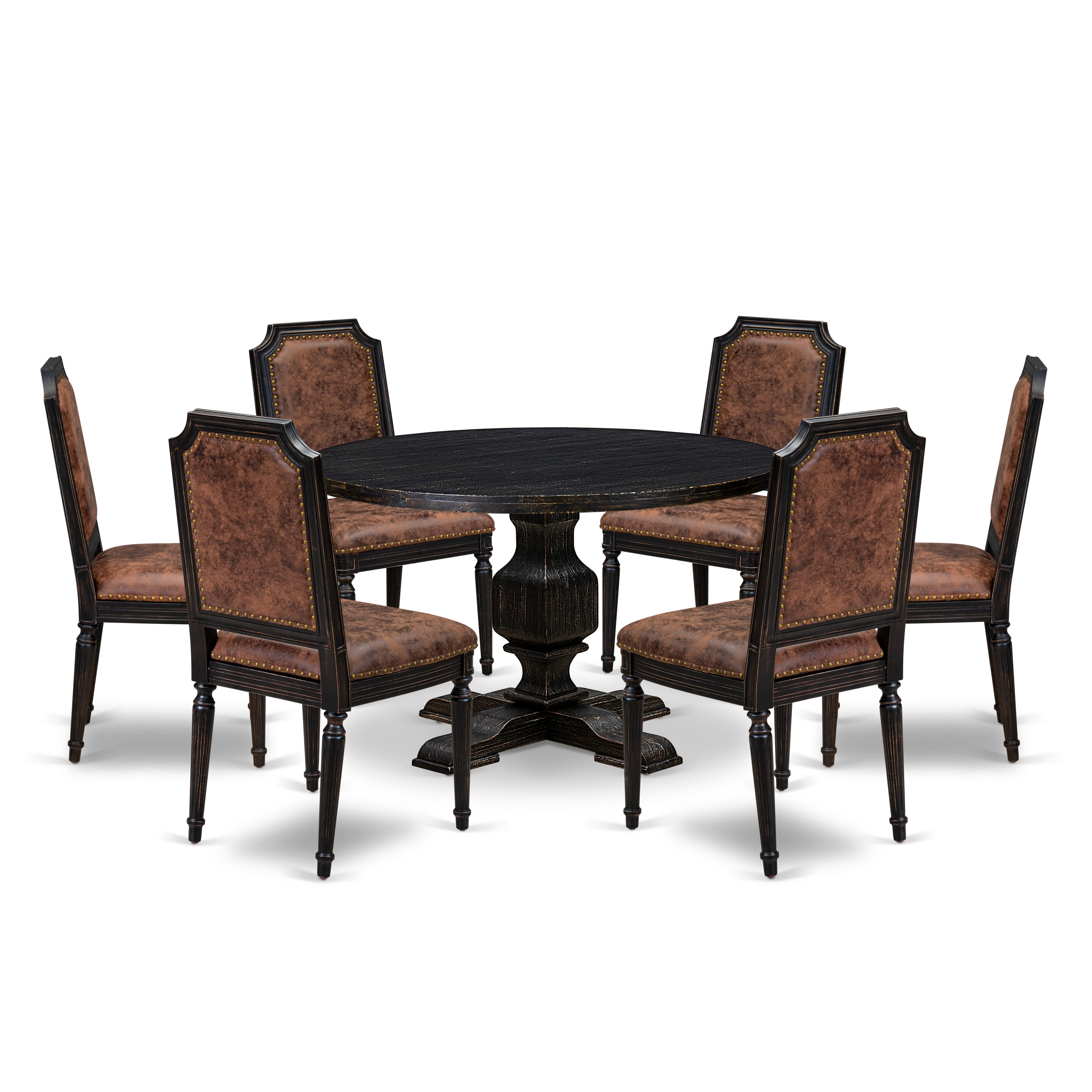 Luxe by East West Furniture - I3TY7-411-33 7-Piece Mid Century Modern Dining Table Set Contains a Round Dinner Table and 6 Brown Textured Polyester Chairs with High Back, Sand Blasting Black Finish.
