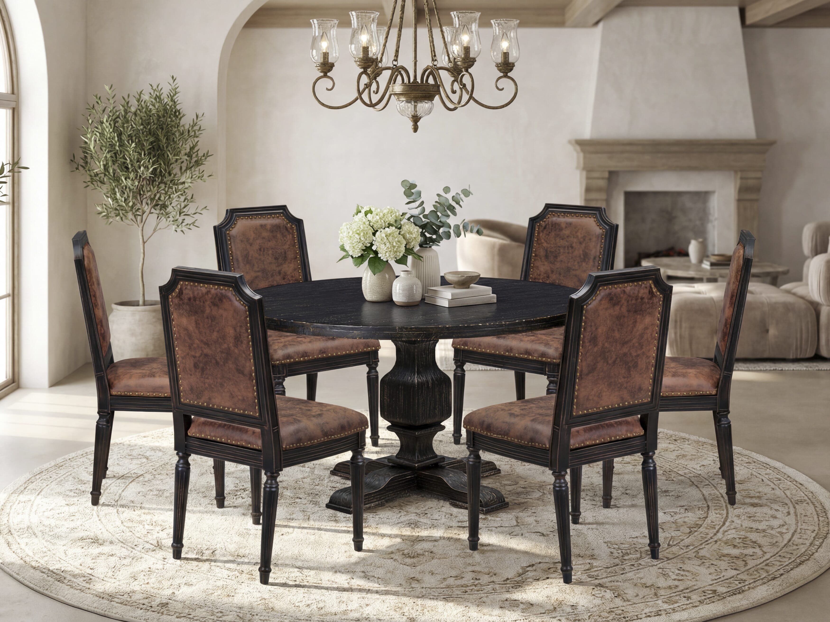 Luxe by East West Furniture - I3TY7-511-33 7-Piece Dinner Table Set Includes a Round Wood Table and 6 Brown Textured Polyester Chairs with High Back, Sand Blasting Black Finish.