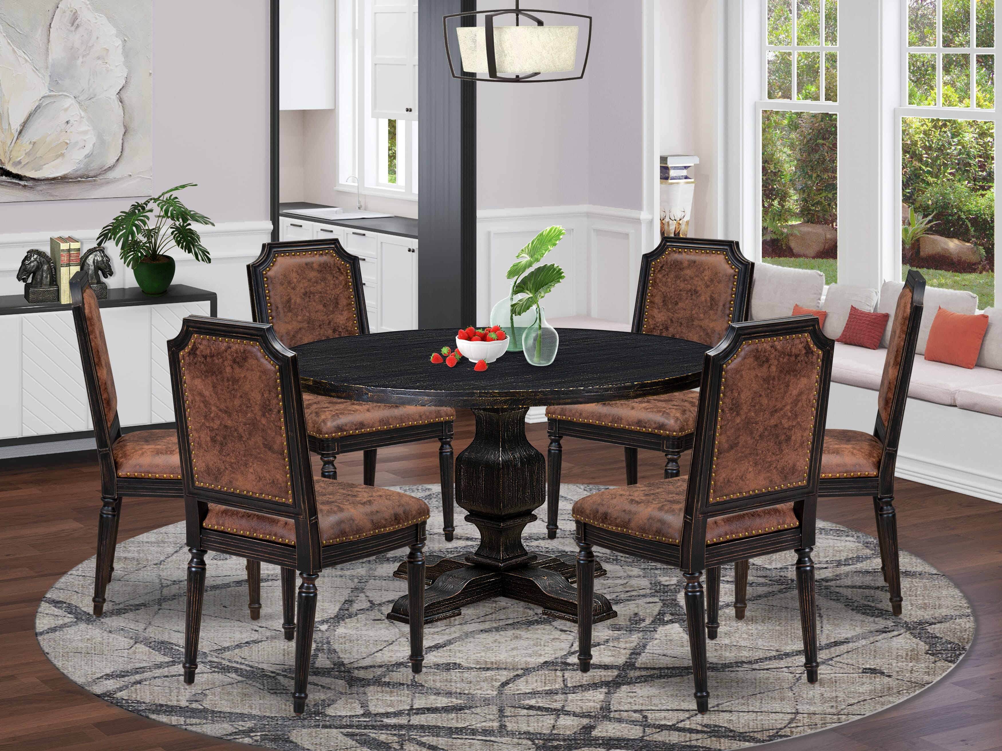 Luxe by East West Furniture - I3TY7-511-33 7-Piece Dinner Table Set Includes a Round Wood Table and 6 Brown Textured Polyester Chairs with High Back, Sand Blasting Black Finish.