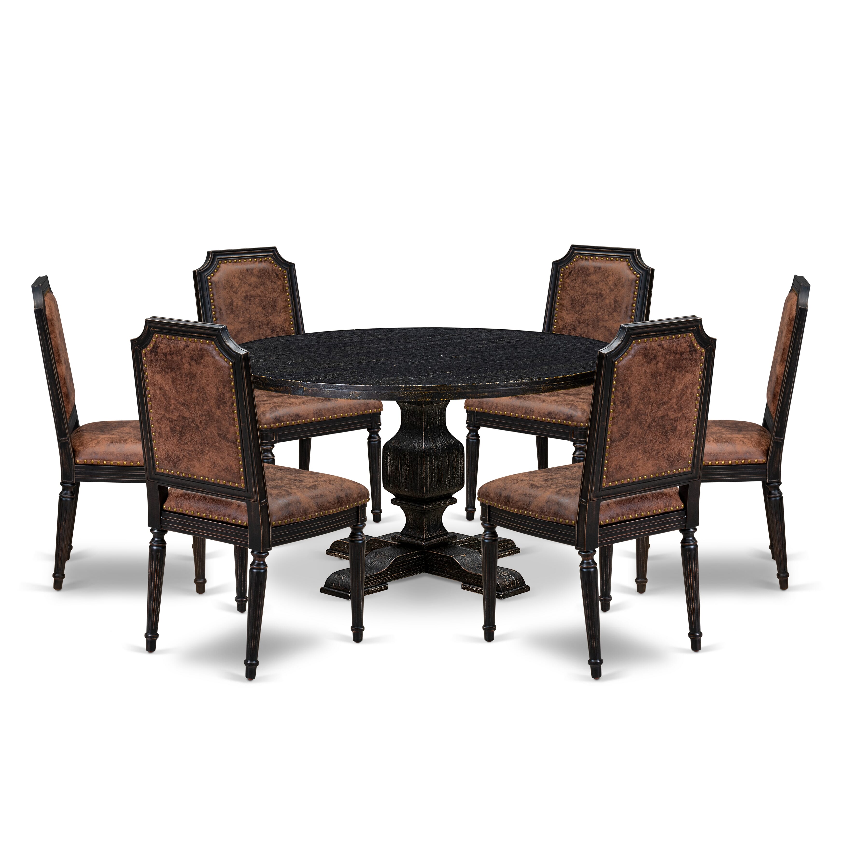 Luxe by East West Furniture - I3TY7-511-33 7-Piece Dinner Table Set Includes a Round Wood Table and 6 Brown Textured Polyester Chairs with High Back, Sand Blasting Black Finish.