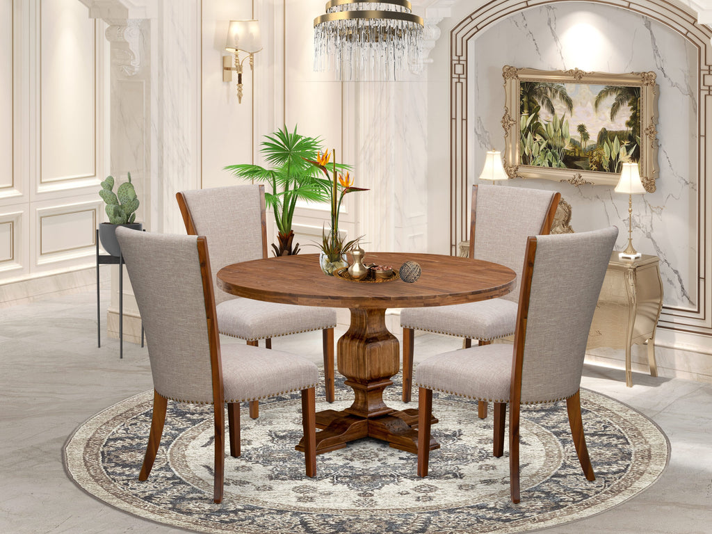 Luxe by East West Furniture I3VE5-50N-04 5 Piece Kitchen Table Set Includes a 54" Round Table with Pedestal and 4 Light Tan Linen Fabric Parson Chairs, Antique Walnut