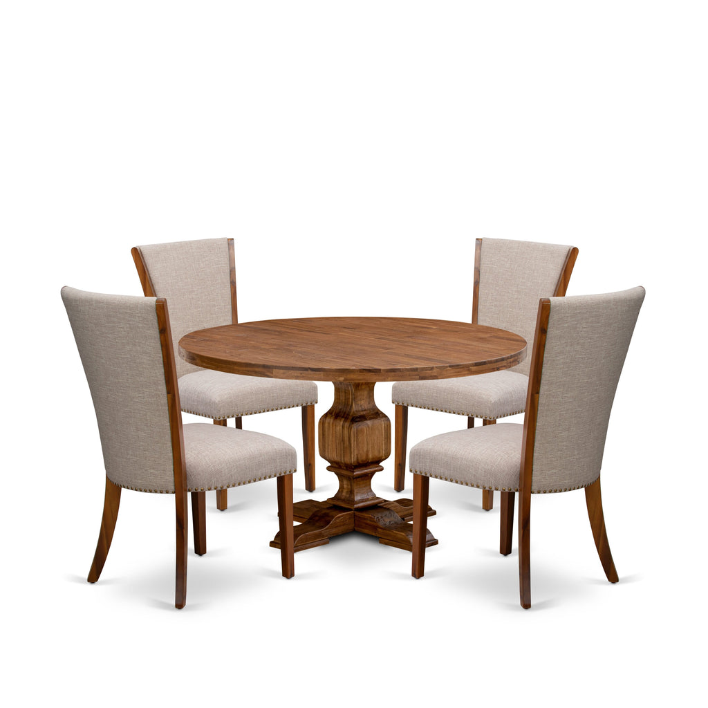 Luxe by East West Furniture I3VE5-50N-04 5 Piece Kitchen Table Set Includes a 54" Round Table with Pedestal and 4 Light Tan Linen Fabric Parson Chairs, Antique Walnut