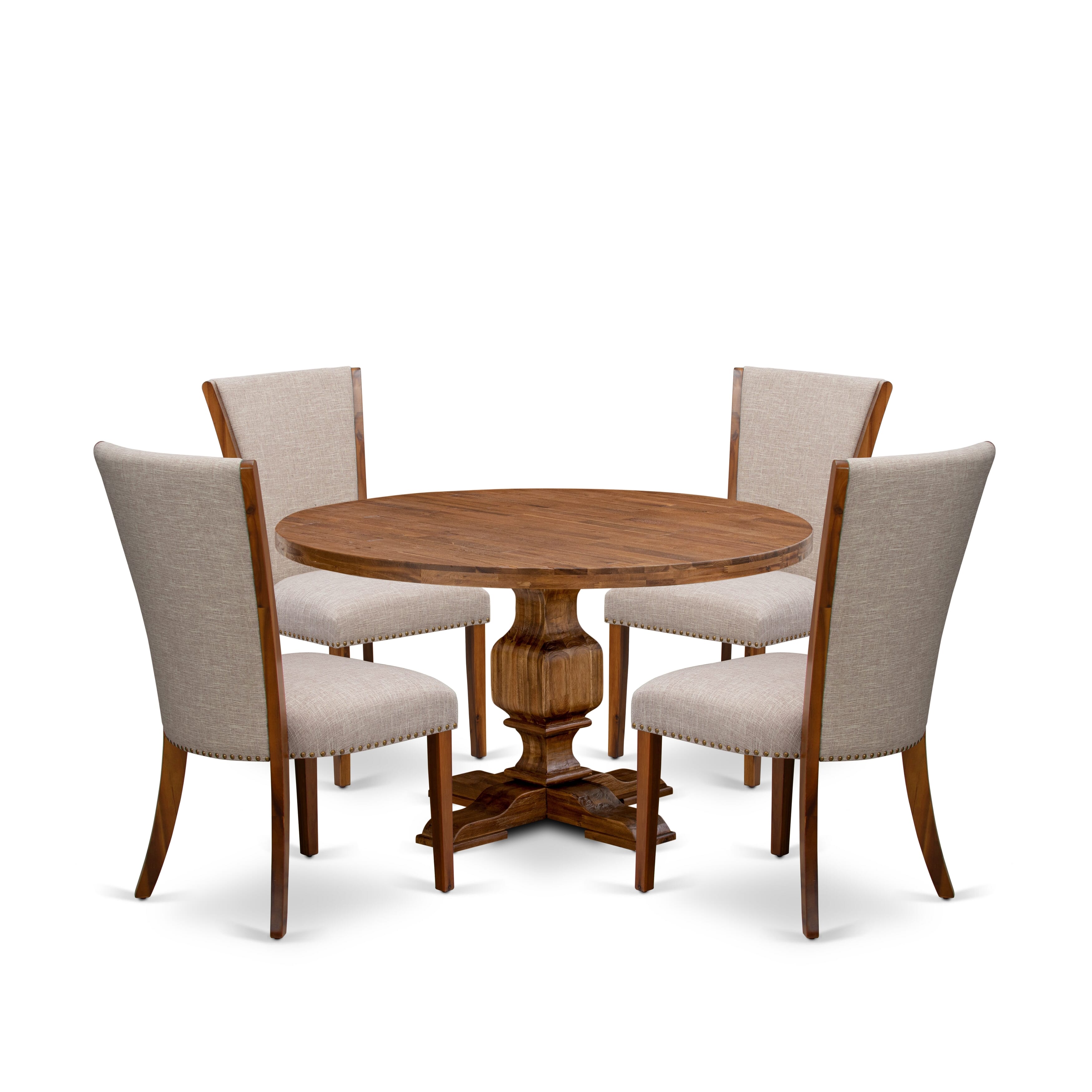 Luxe by East West Furniture I3VE5-50N-04 5 Piece Kitchen Table Set Includes a 54" Round Table with Pedestal and 4 Light Tan Linen Fabric Parson Chairs, Antique Walnut