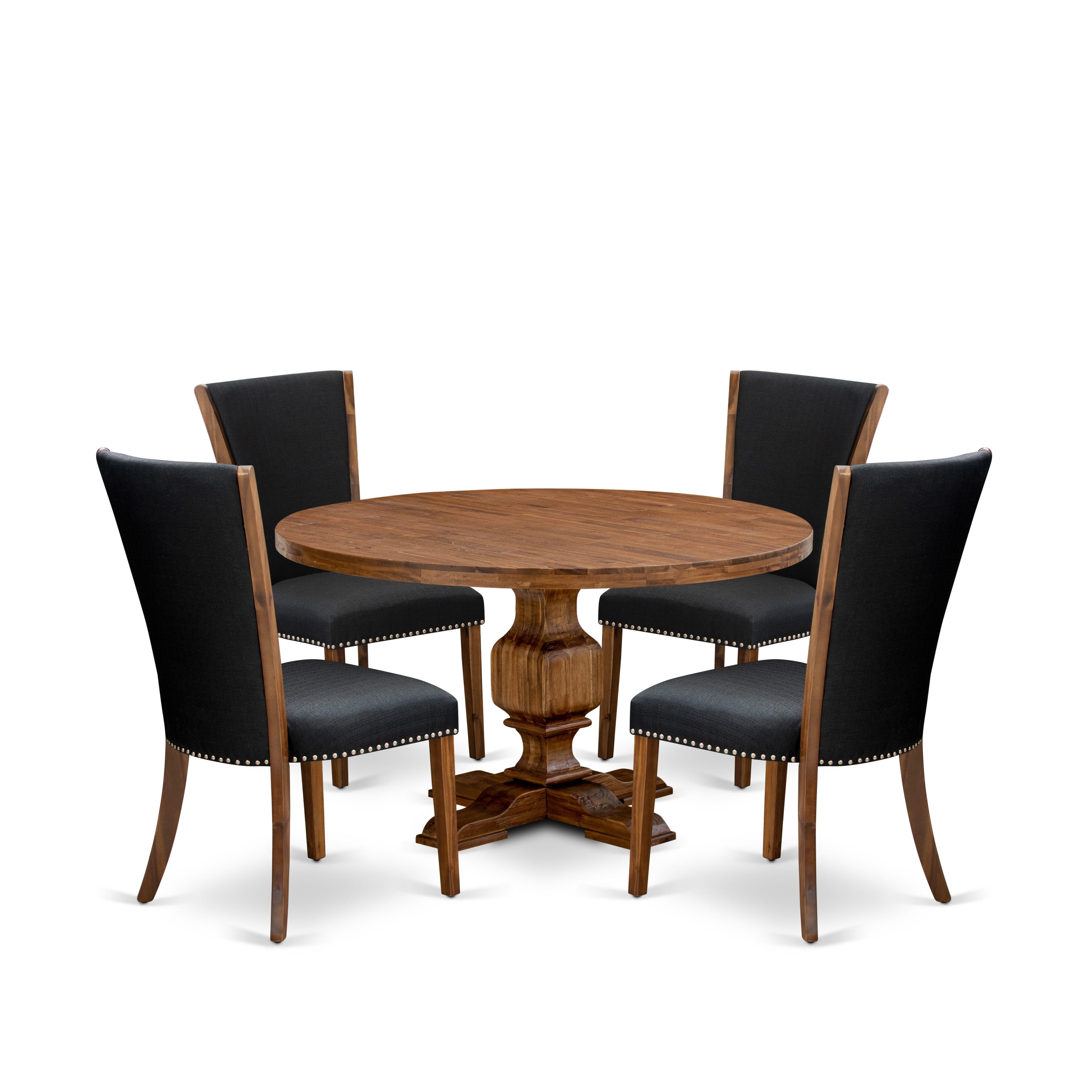 Luxe by East West Furniture I3VE5-50N-24 5 Piece Dining Table Set Contains a 54" Round Kitchen Table with Pedestal and 4 Black Linen Fabric Parson Chairs, Antique Walnut