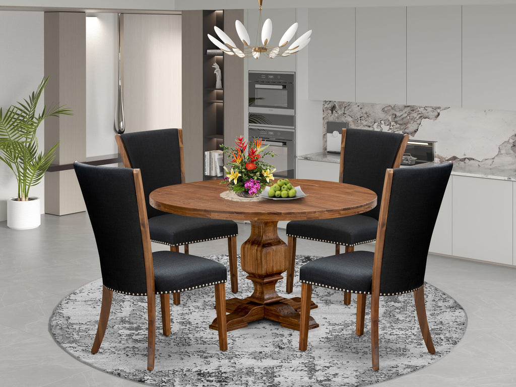 Luxe by East West Furniture I3VE5-50N-24 5 Piece Dining Table Set Contains a 54" Round Kitchen Table with Pedestal and 4 Black Linen Fabric Parson Chairs, Antique Walnut