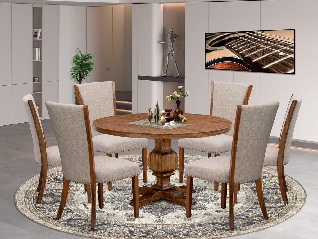 Luxe by East West Furniture I3VE7-50N-04 7 Piece Dining Set Consists of a 54" Round Kitchen Table with Pedestal and 6 Light Tan Linen Fabric Parson Chairs, Antique Walnut