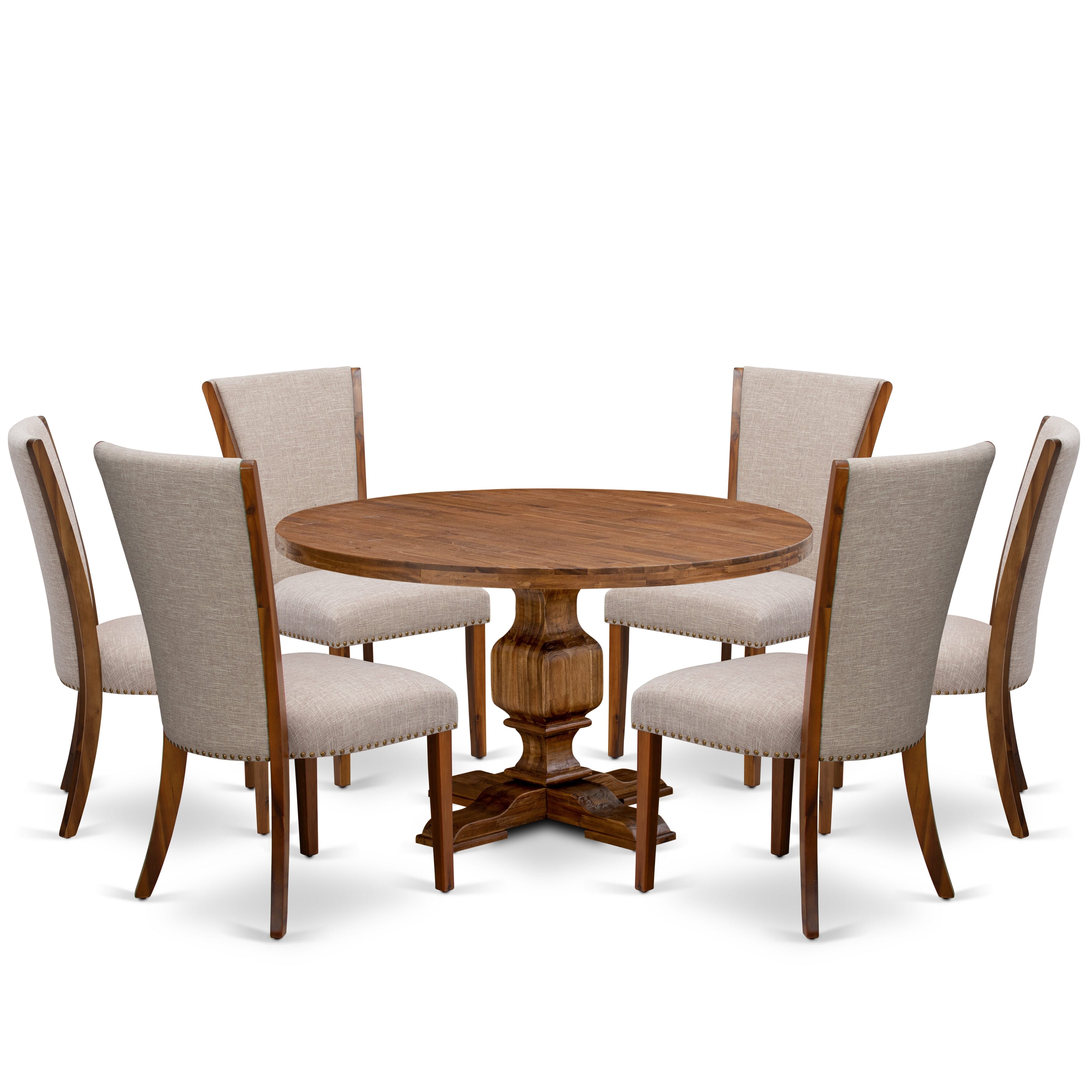 Luxe by East West Furniture I3VE7-50N-04 7 Piece Dining Set Consists of a 54" Round Kitchen Table with Pedestal and 6 Light Tan Linen Fabric Parson Chairs, Antique Walnut
