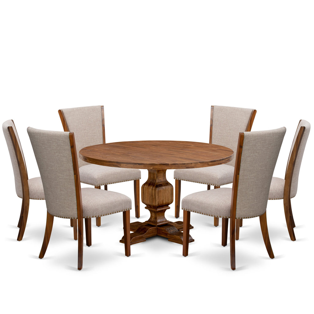 Luxe by East West Furniture I3VE7-50N-04 7 Piece Dining Set Consists of a 54" Round Kitchen Table with Pedestal and 6 Light Tan Linen Fabric Parson Chairs, Antique Walnut
