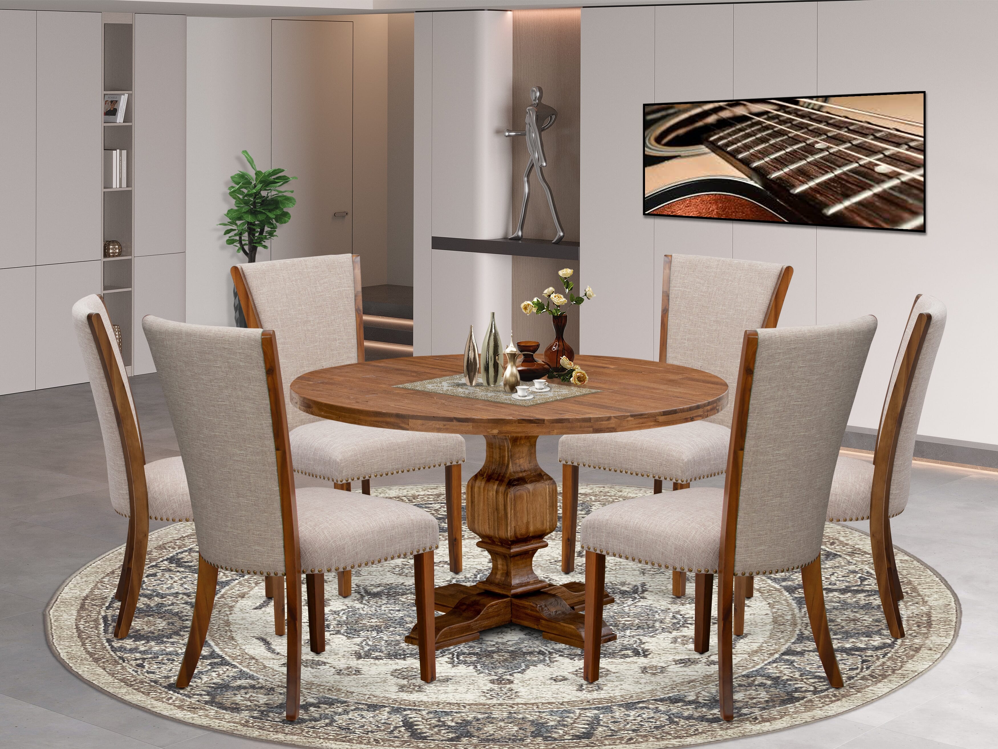 Luxe by East West Furniture I3VE7-50N-04 7 Piece Dining Set Consists of a 54" Round Kitchen Table with Pedestal and 6 Light Tan Linen Fabric Parson Chairs, Antique Walnut