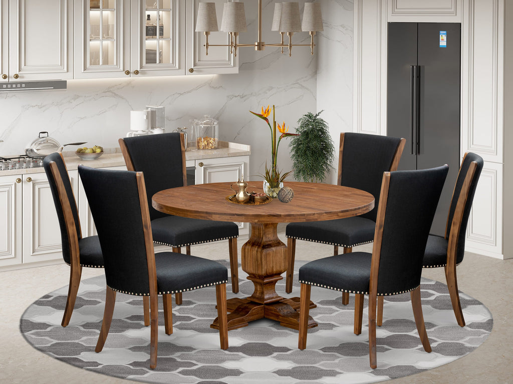 Luxe by East West Furniture I3VE7-50N-24 7 Piece Dining Table Set for 6 Includes a 54" Round Table with Pedestal and 6 Black Linen Fabric Parson Chairs, Antique Walnut
