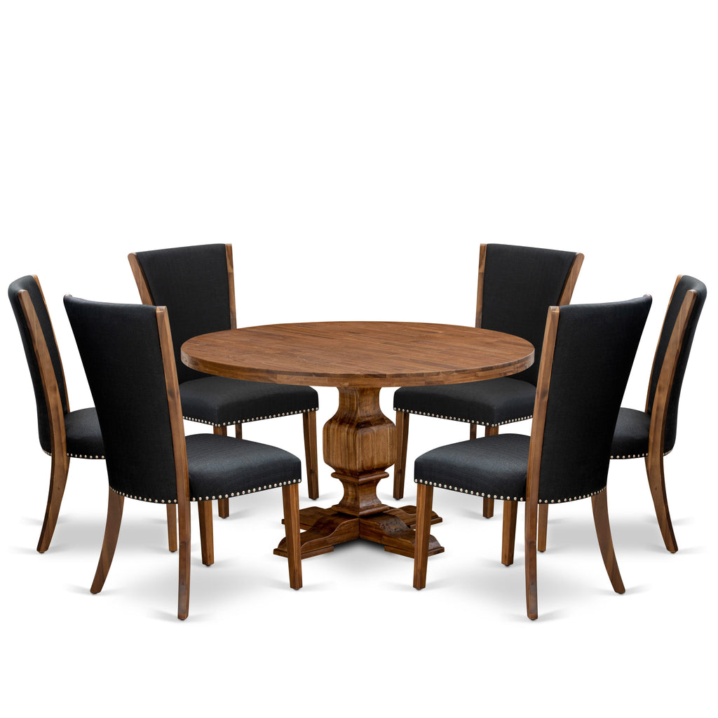 Luxe by East West Furniture I3VE7-50N-24 7 Piece Dining Table Set for 6 Includes a 54" Round Table with Pedestal and 6 Black Linen Fabric Parson Chairs, Antique Walnut