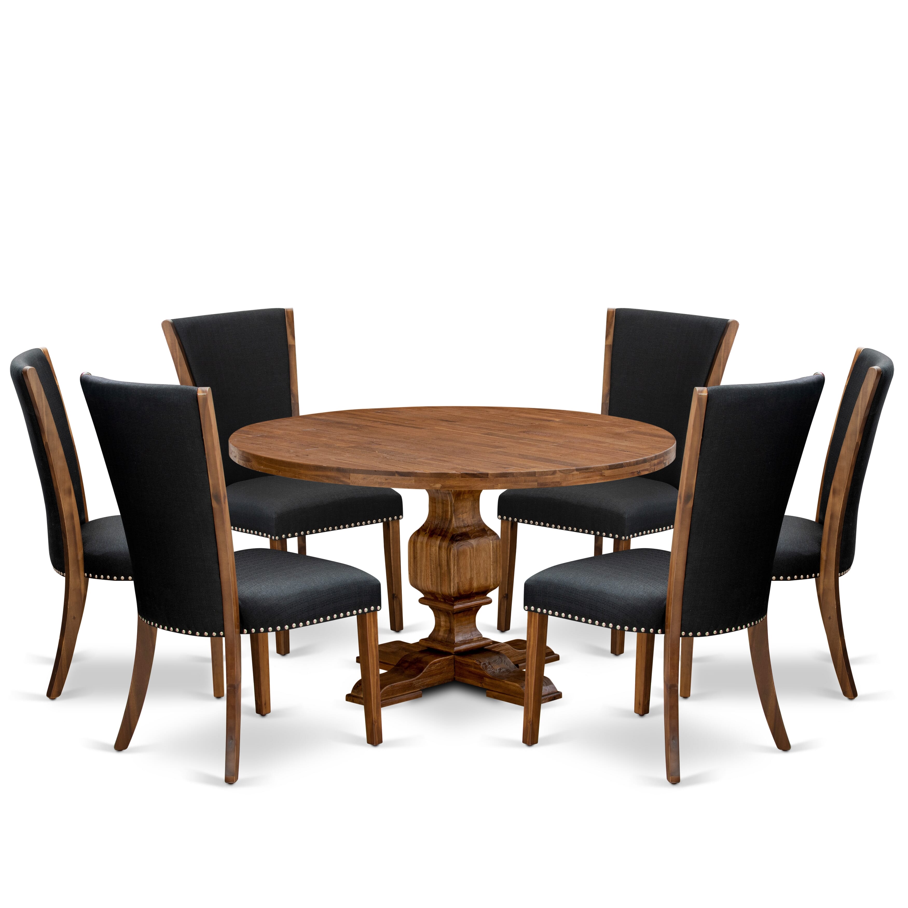 Luxe by East West Furniture I3VE7-50N-24 7 Piece Dining Table Set for 6 Includes a 54" Round Table with Pedestal and 6 Black Linen Fabric Parson Chairs, Antique Walnut