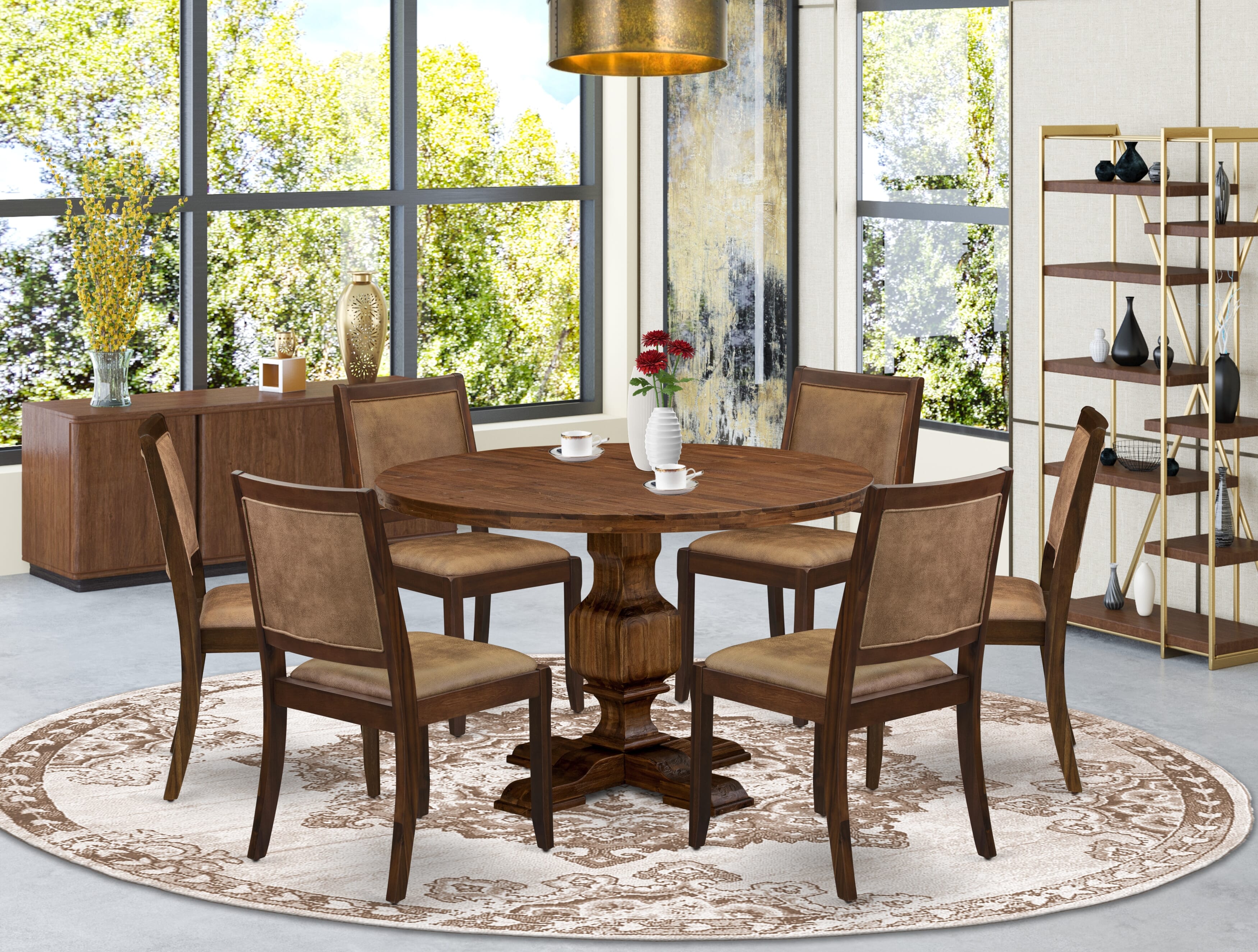 I3X27-0N-28 7-piece Dining Table Set consists of a Round Table and 6 Brown Textured Fabric stackable Chair, Antique Walnut Finish.