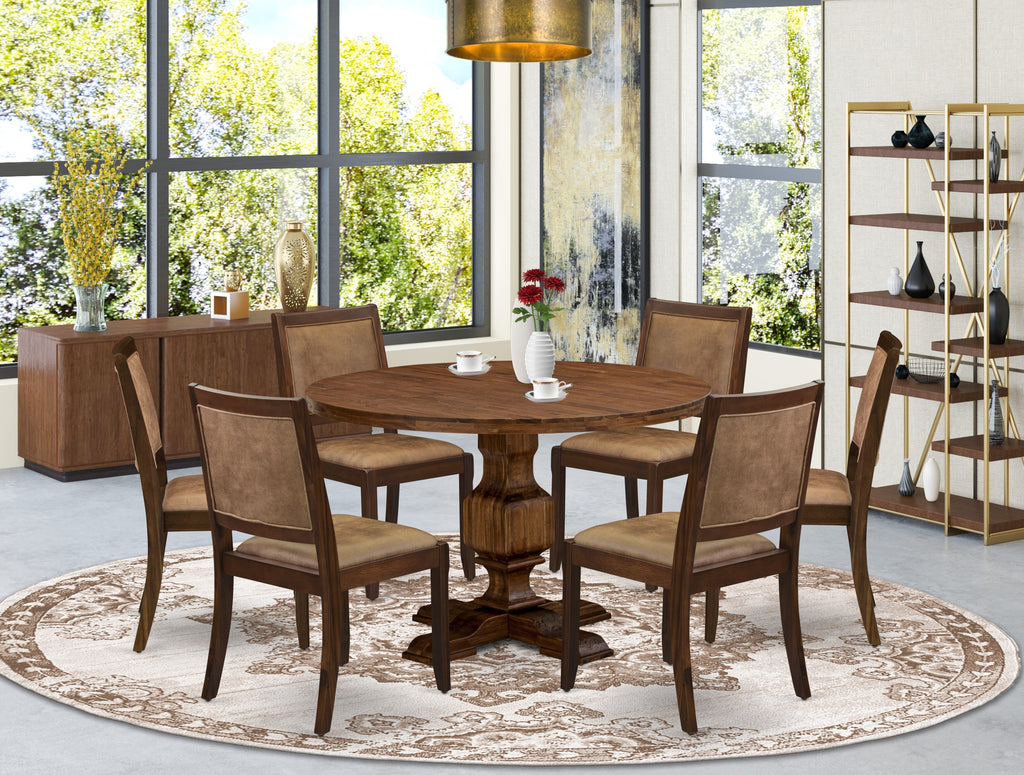 East West Furniture I3X27-0N-28 7-piece Dining Room Table Set consists of a Round Kitchen Table and 6 Light Tan Linen Fabric stackable kitchen Chair