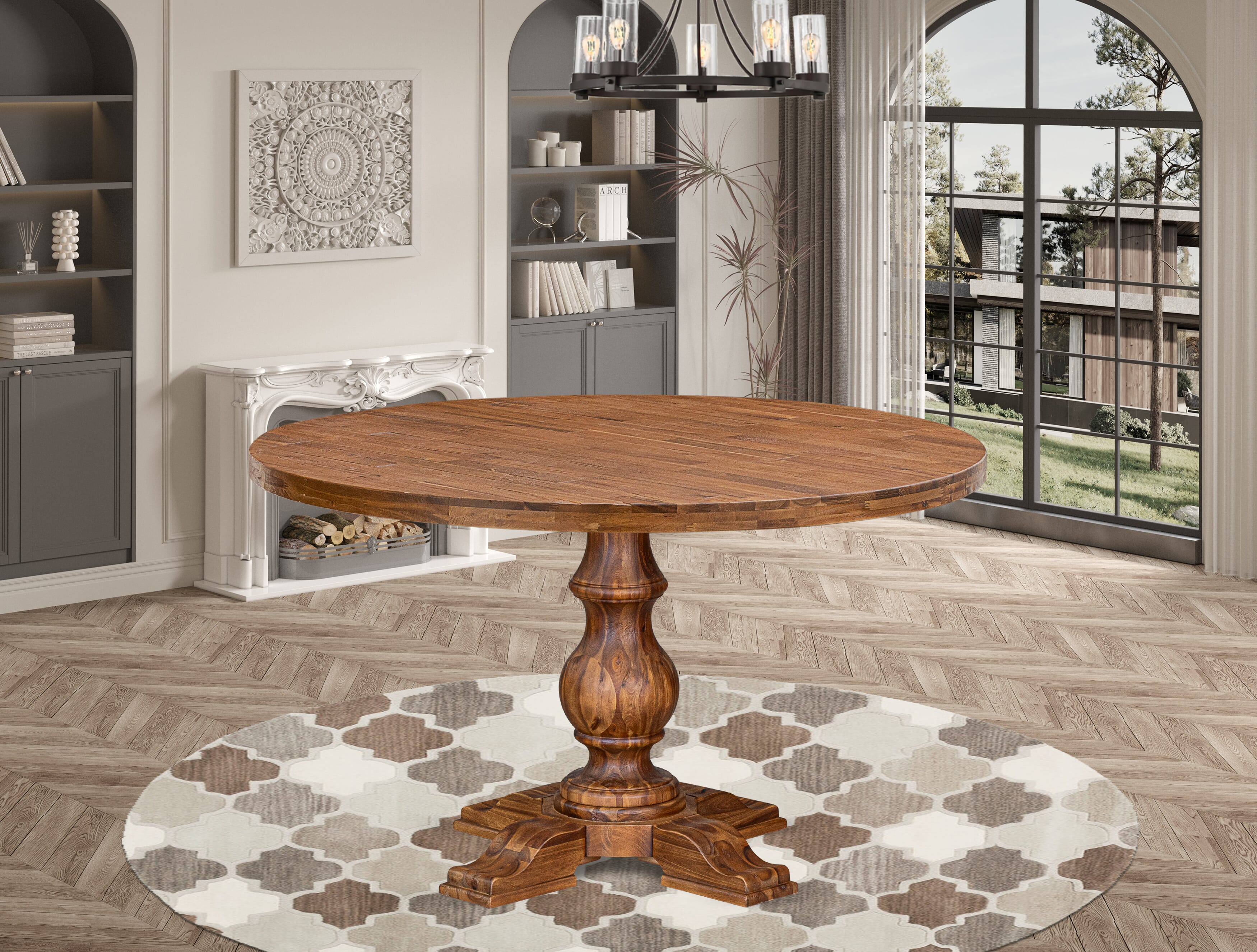 Luxe by East West Furniture I5DA7-50N-24 7-Piece Dining Room Set with Linen Fabric 6 Black kitchen chairs, Button-Tufted Backs, and a 54"Round Breakfast Table in Antique Walnut Finish.