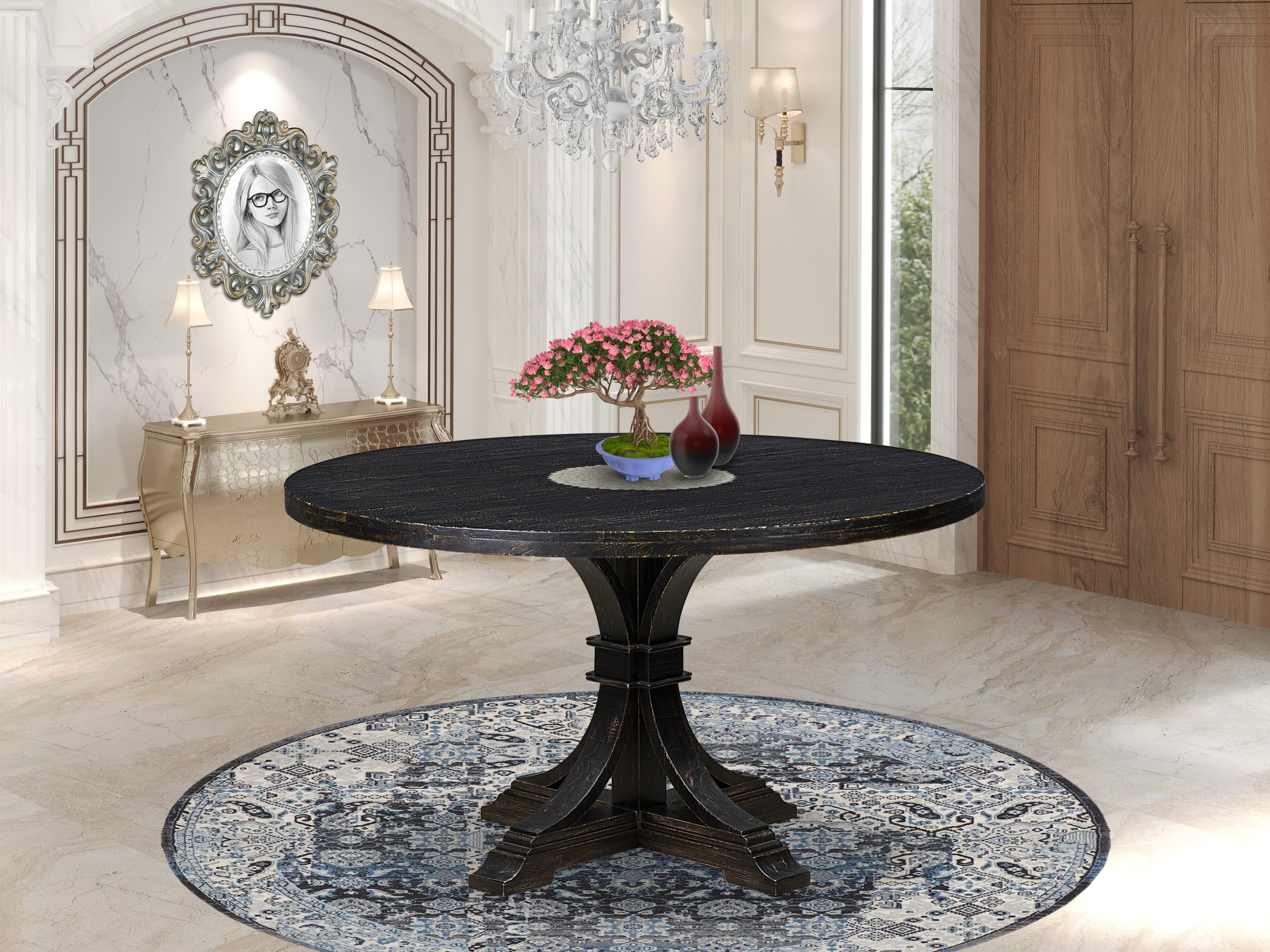 Luxe by East West Furniture I7DA5-511-23 5 Piece Dining Set for 4 Consists of a 54" Round Table with Pedestal and 4 Beige Red Faux Leather Padded Chairs, Sand Blasted Black