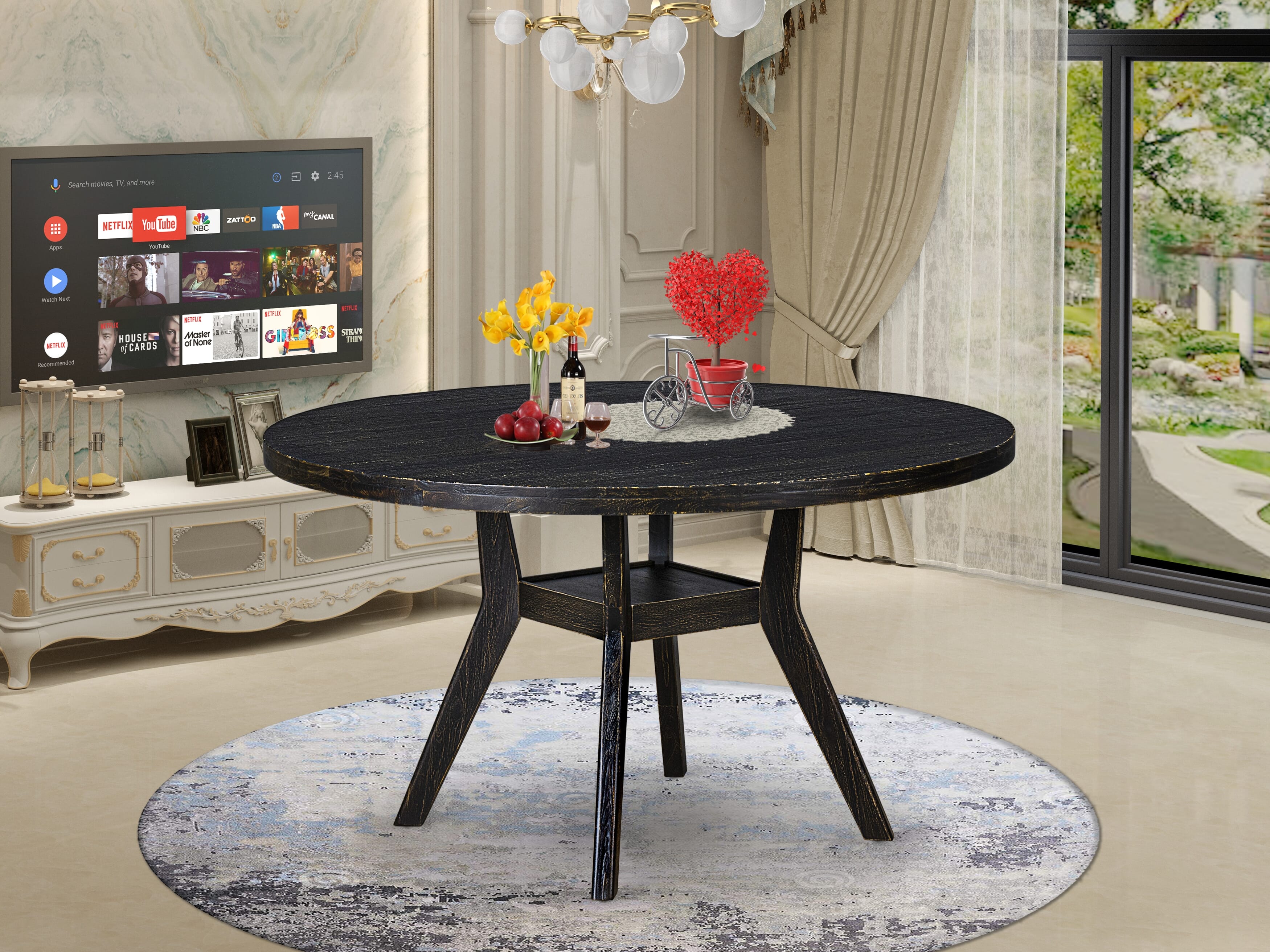 Luxe by East West Furniture I8DA7-511-26 7 Piece Dining Table Set Contains a 54" Round Table with Pedestal and 6 Burgandy Faux Leather Upholstered Chairs, Sand Blasted Black