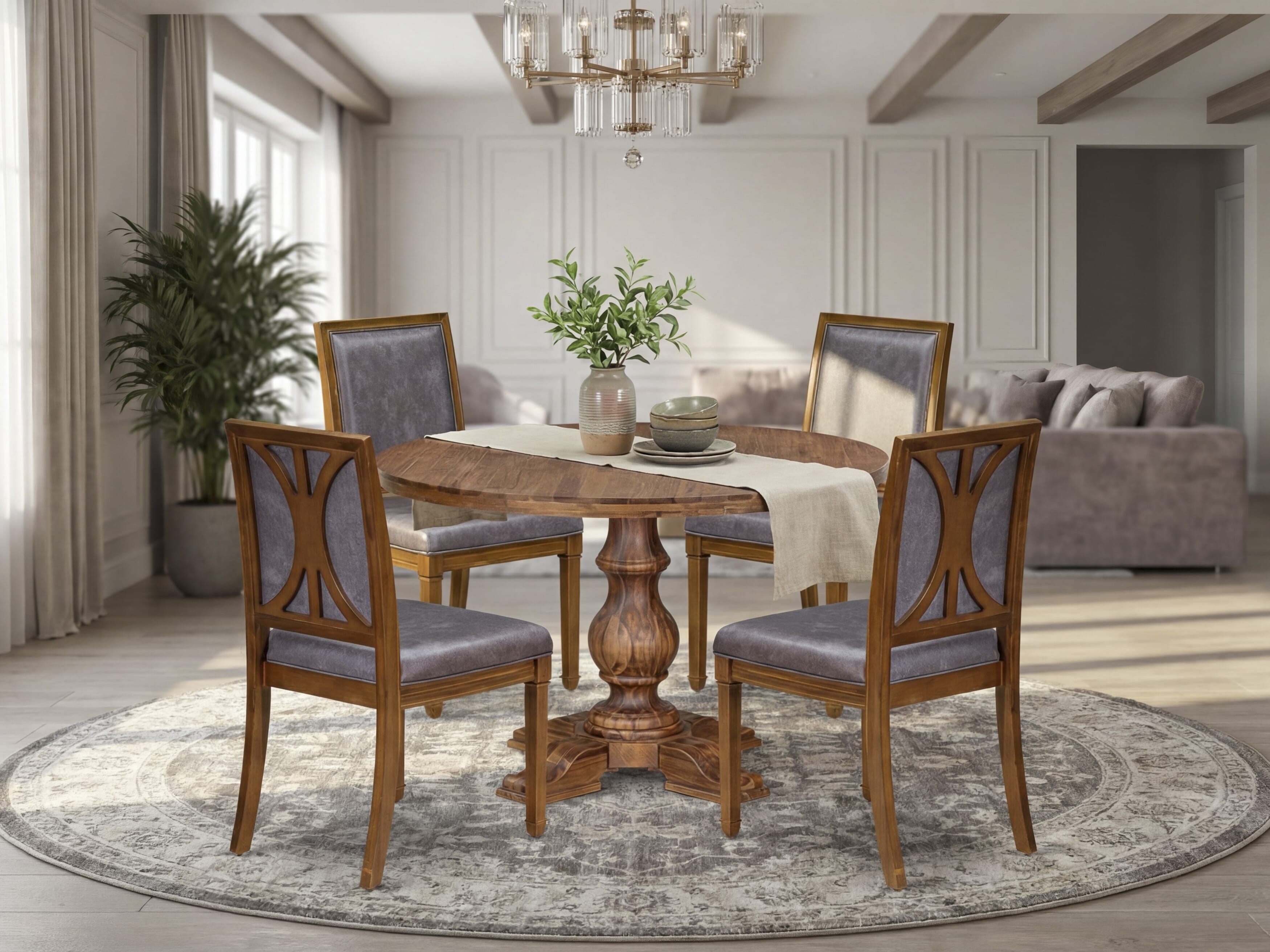 Luxe by East West Furniture I5AM5-40N-34 5-Piece Dining Room Set Consists of a round table top with a stylish pedestal and 4 Pu leather Dark Gray dining chairs with high backs - Antique Walnut