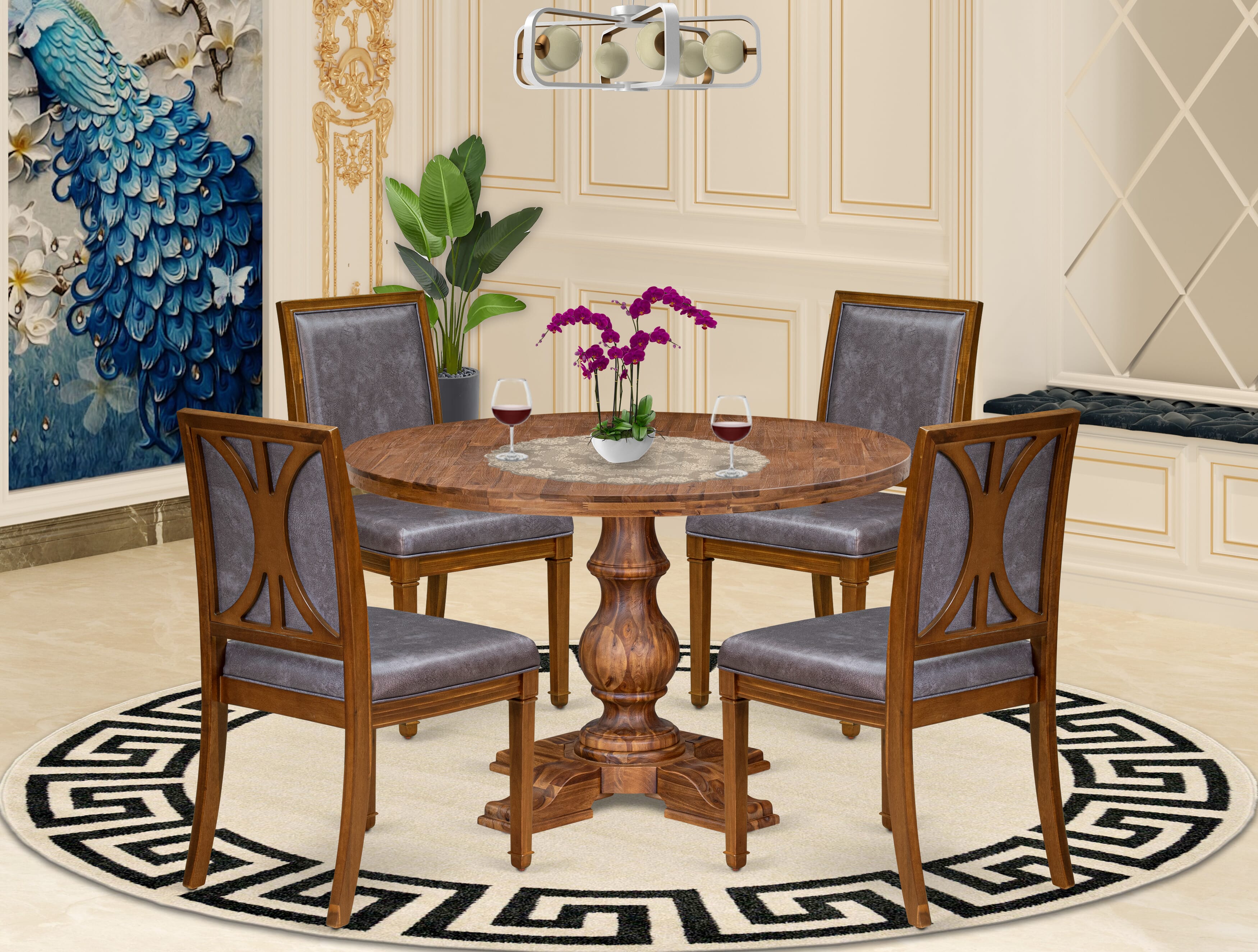 Luxe by East West Furniture I5AM5-40N-34 5-Piece Dining Room Set Consists of a round table top with a stylish pedestal and 4 Pu leather Dark Gray dining chairs with high backs - Antique Walnut