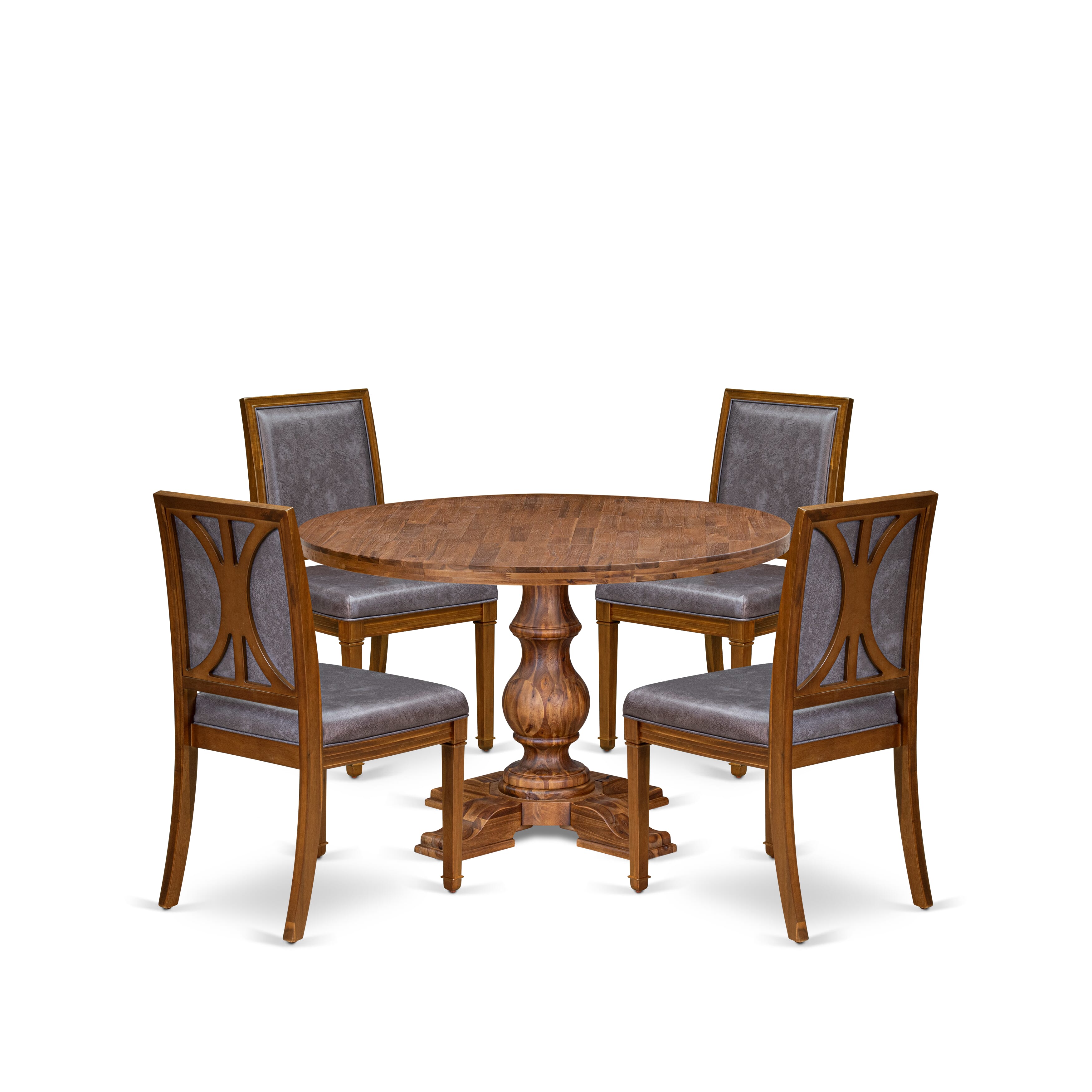 Luxe by East West Furniture I5AM5-40N-34 5-Piece Dining Room Set Consists of a round table top with a stylish pedestal and 4 Pu leather Dark Gray dining chairs with high backs - Antique Walnut