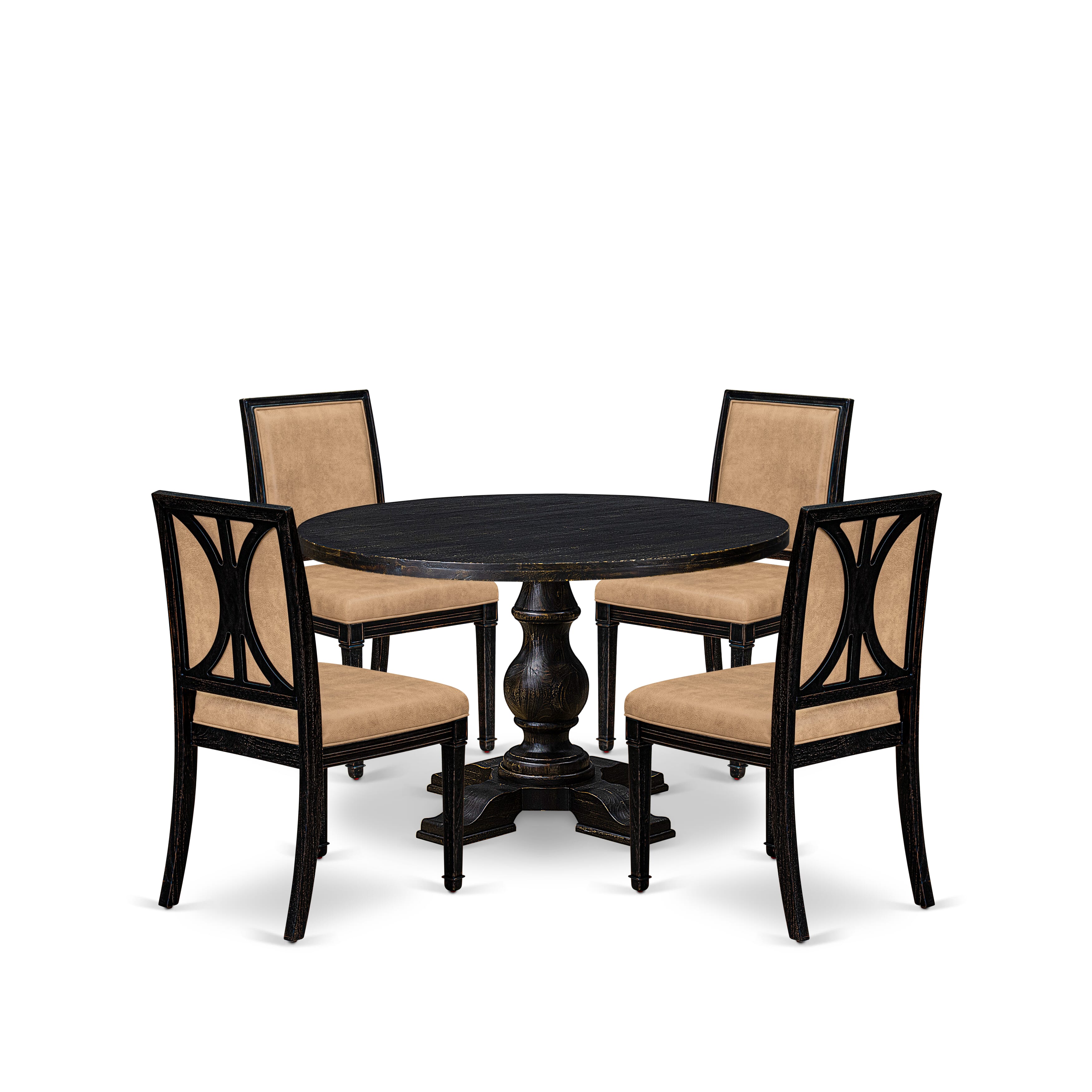 Luxe by East West Furniture - I5AM5-411-28 5-Piece Dinette Set Consists of a Round Modern Dining Table and 4 Brown Textured Polyester Chairs with High Back, Sand Blasting Black Finish.