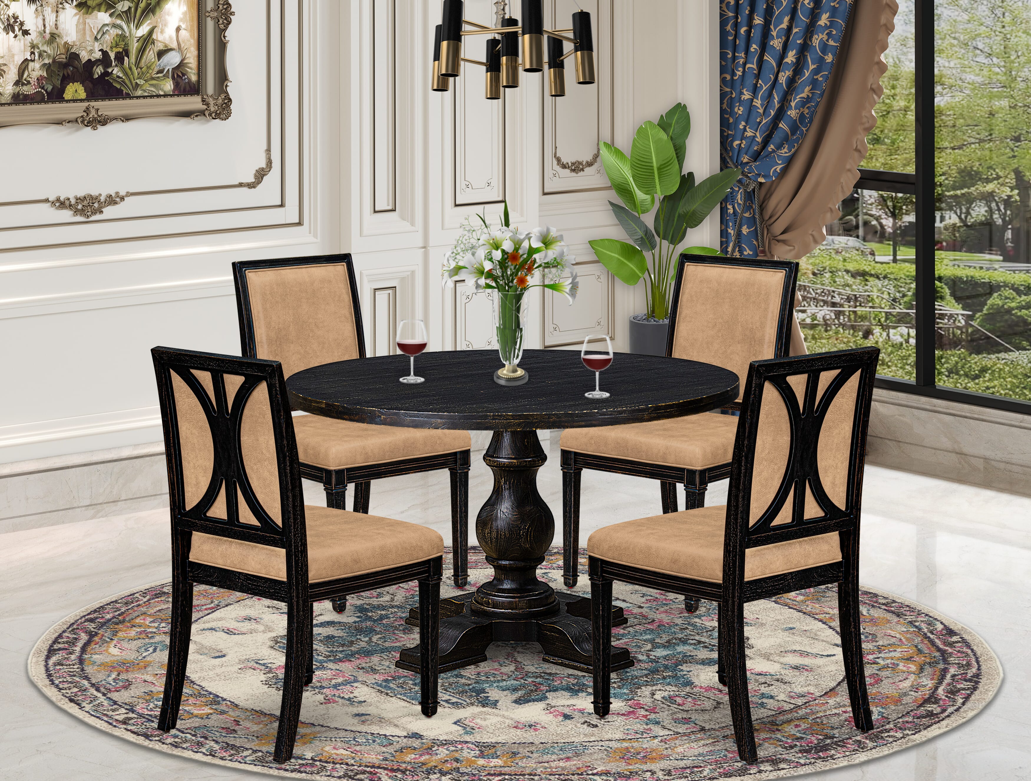 Luxe by East West Furniture - I5AM5-411-28 5-Piece Dinette Set Consists of a Round Modern Dining Table and 4 Brown Textured Polyester Chairs with High Back, Sand Blasting Black Finish.