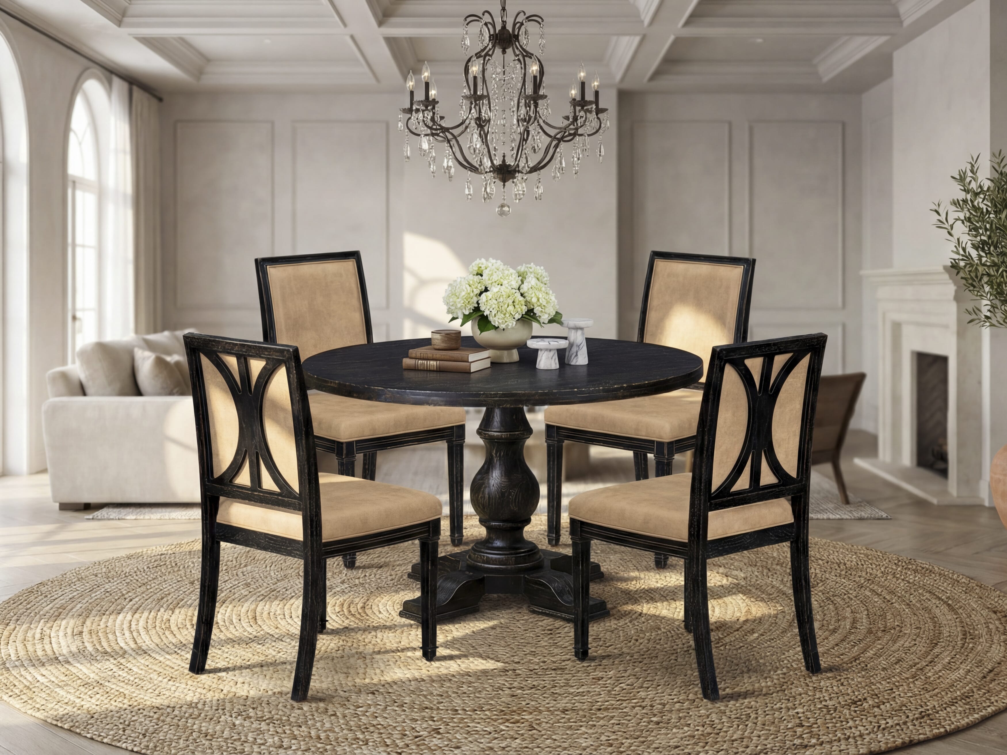 Luxe by East West Furniture - I5AM5-411-28 5-Piece Dinette Set Consists of a Round Modern Dining Table and 4 Brown Textured Polyester Chairs with High Back, Sand Blasting Black Finish.