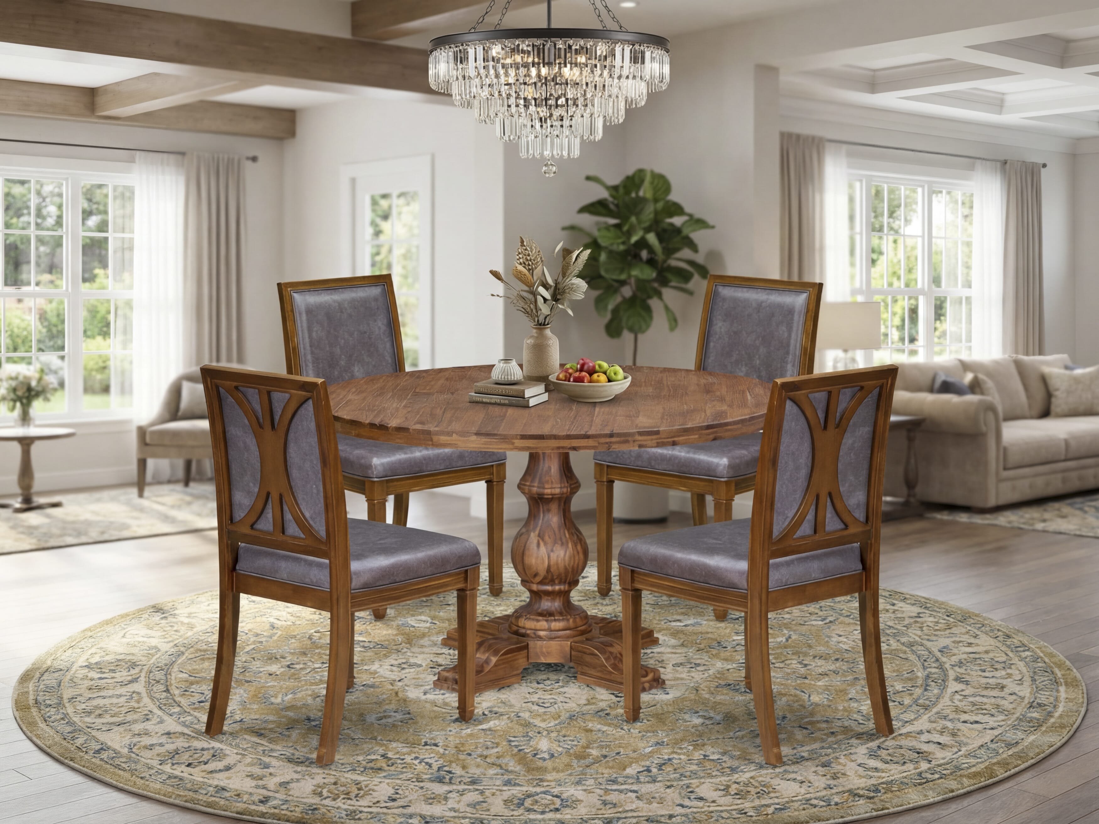 Luxe by East West Furniture - I5AM5-50N-34 5-Piece Dining Room Table Set Contains a Round Wood Dining Table and 4 Beige Polyester Chairs with High Back, Antique Walnut Finish.