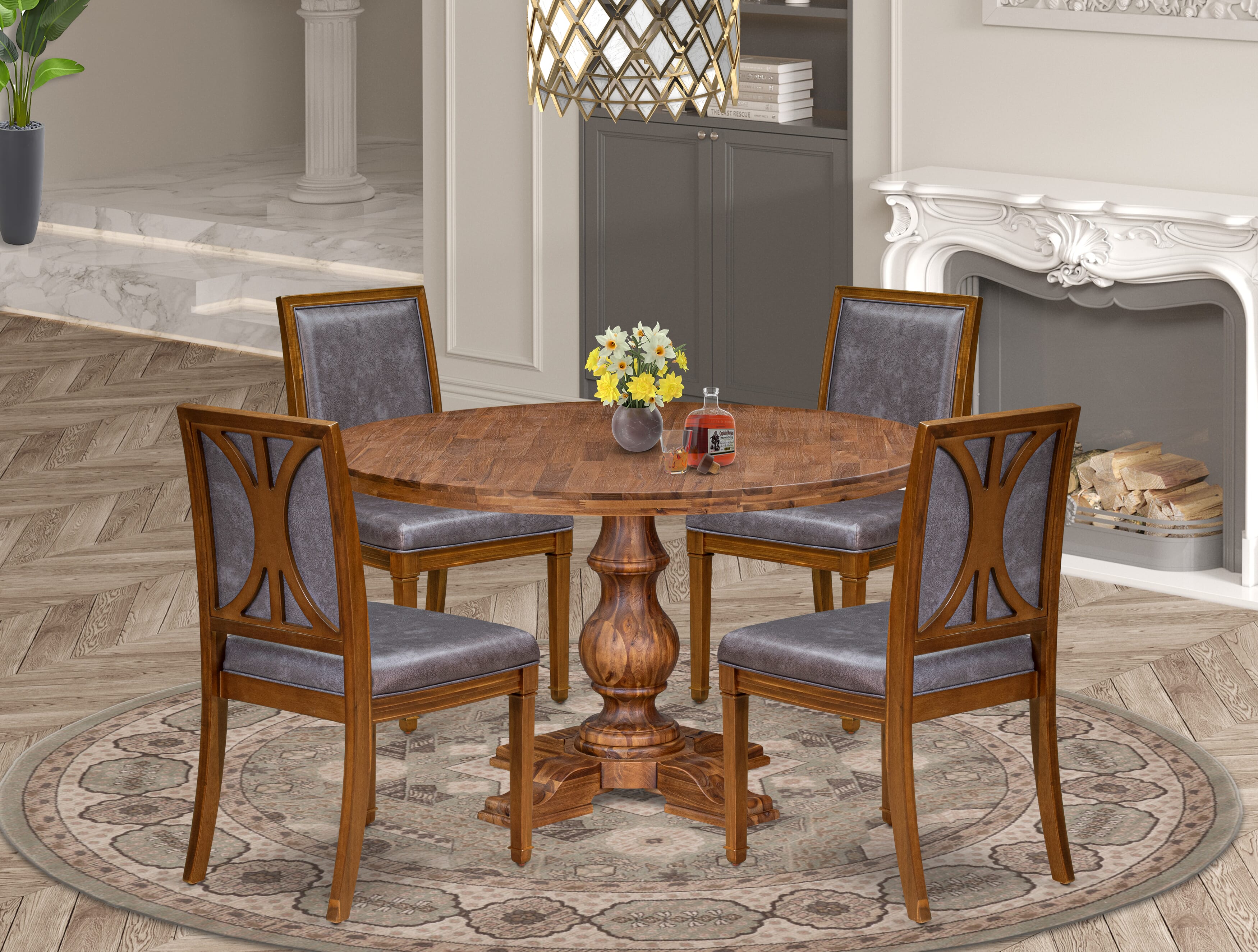 Luxe by East West Furniture - I5AM5-50N-34 5-Piece Dining Room Table Set Contains a Round Wood Dining Table and 4 Beige Polyester Chairs with High Back, Antique Walnut Finish.